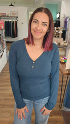 Shop Luxe Ribbed Henley Button Top - Peacock Blue- at Ruby Joy Boutique, a Women's Clothing Store in Pickerington, Ohio