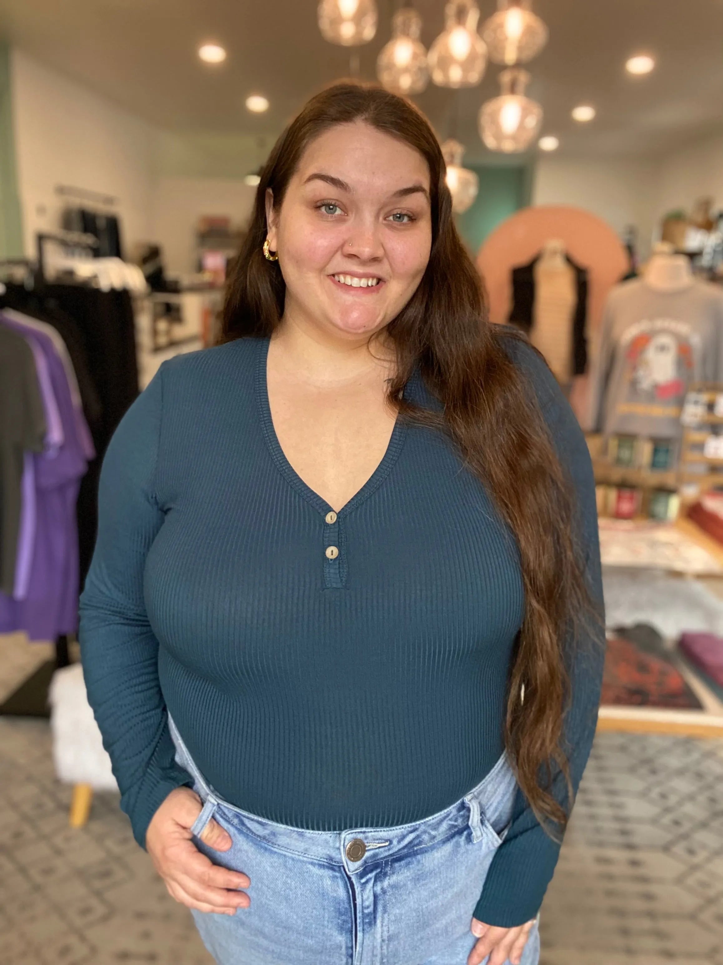 Shop Luxe Ribbed Henley Button Top - Peacock Blue- at Ruby Joy Boutique, a Women's Clothing Store in Pickerington, Ohio