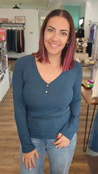 Shop Luxe Ribbed Henley Button Top - Peacock Blue- at Ruby Joy Boutique, a Women's Clothing Store in Pickerington, Ohio