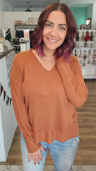Shop Luxe V-neck Sweater - Copper- at Ruby Joy Boutique, a Women's Clothing Store in Pickerington, Ohio