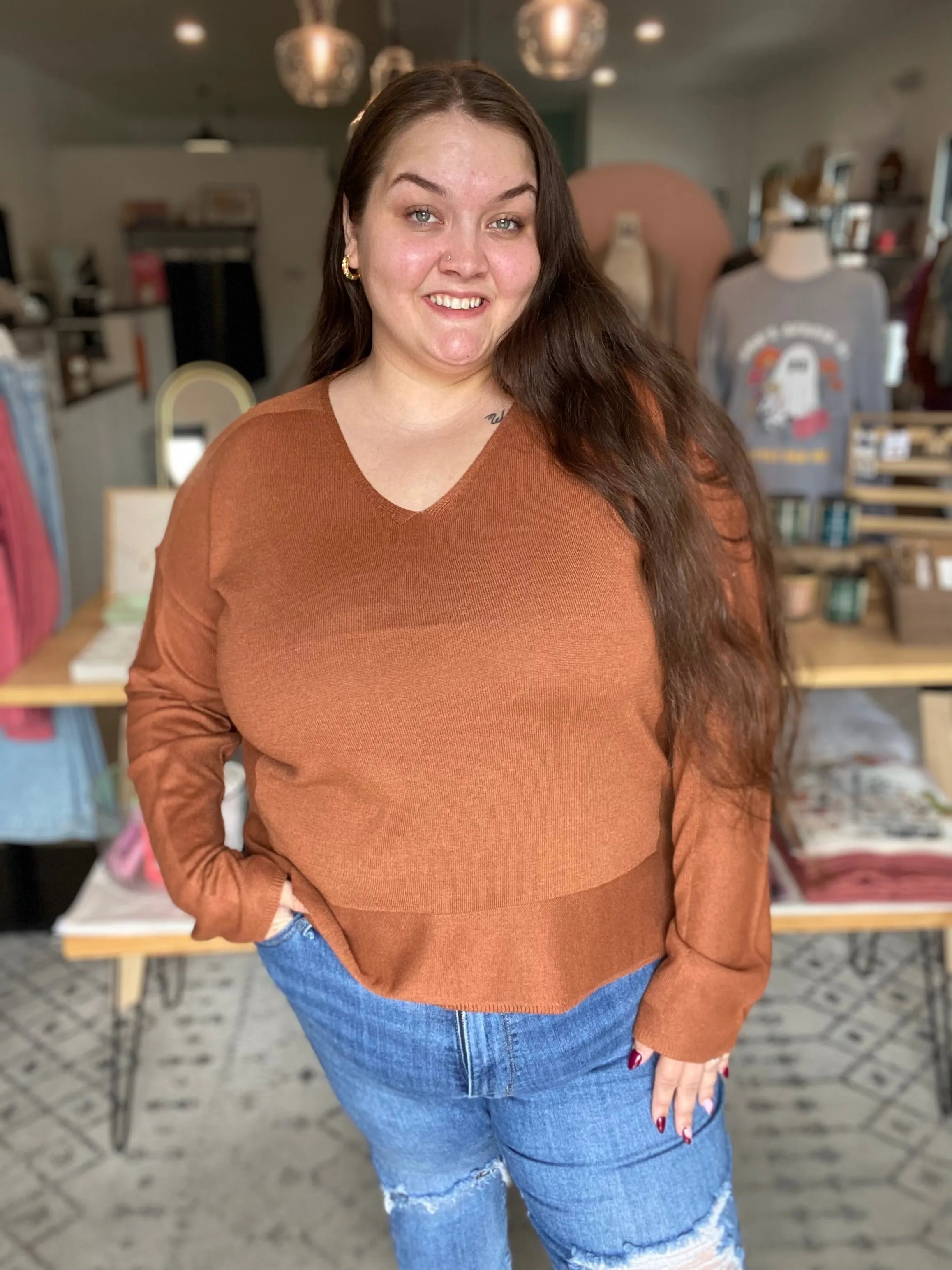 Shop Luxe V-neck Sweater - Copper- at Ruby Joy Boutique, a Women's Clothing Store in Pickerington, Ohio