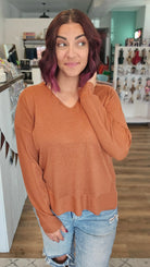 Shop Luxe V-neck Sweater - Copper- at Ruby Joy Boutique, a Women's Clothing Store in Pickerington, Ohio