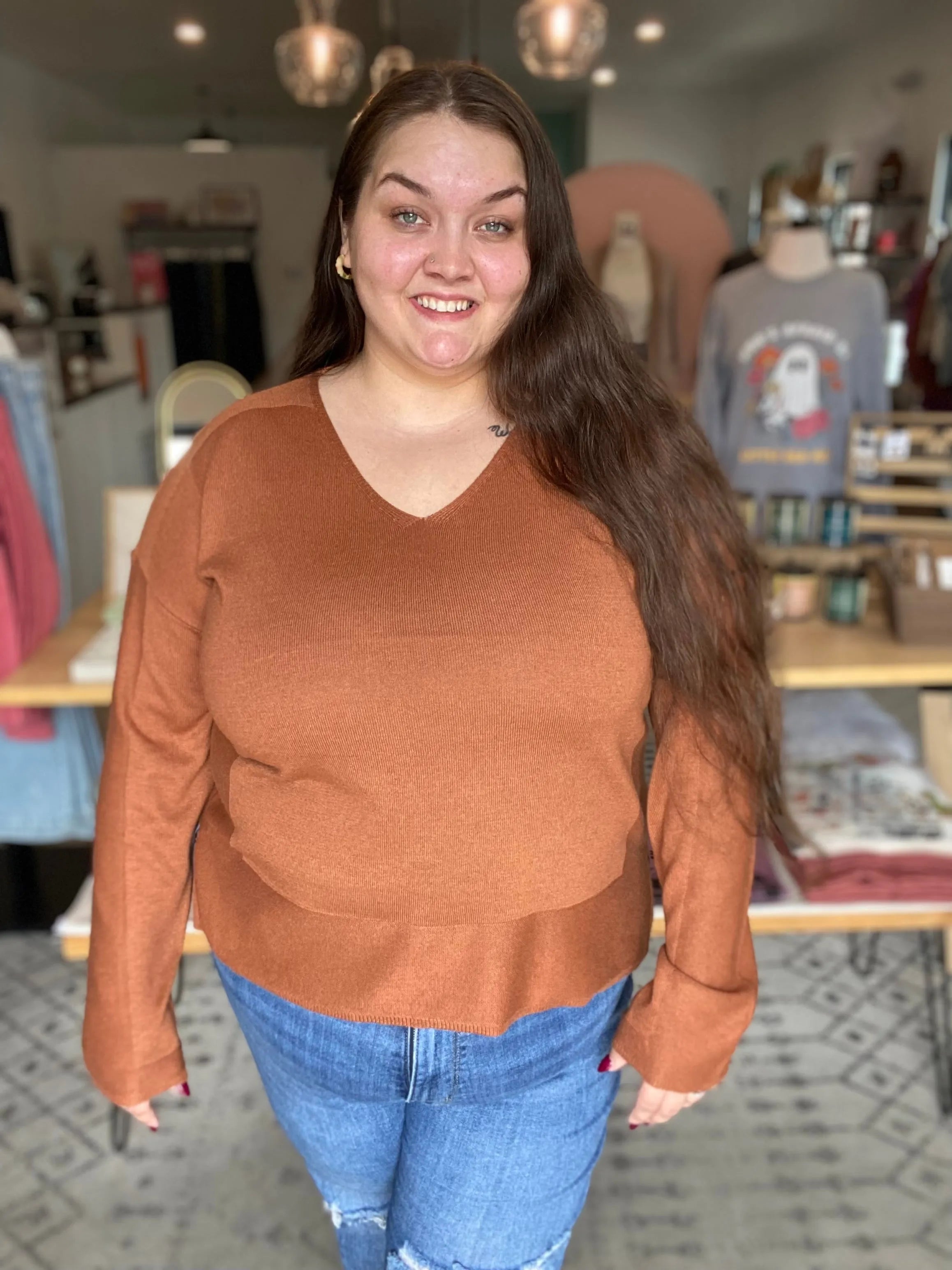 Shop Luxe V-neck Sweater - Copper-XL at Ruby Joy Boutique, a Women's Clothing Store in Pickerington, Ohio