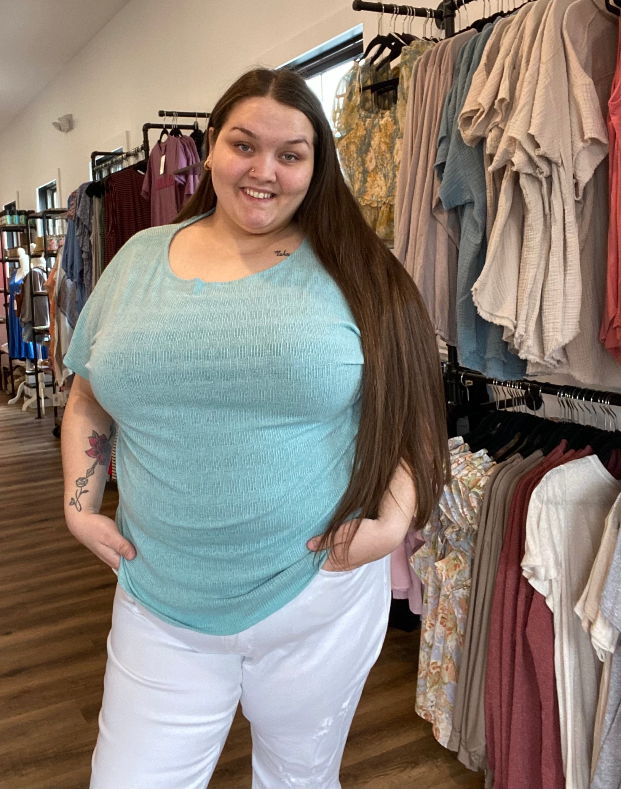 Shop Lydia Reverse V-neck Top-Shirts & Tops at Ruby Joy Boutique, a Women's Clothing Store in Pickerington, Ohio
