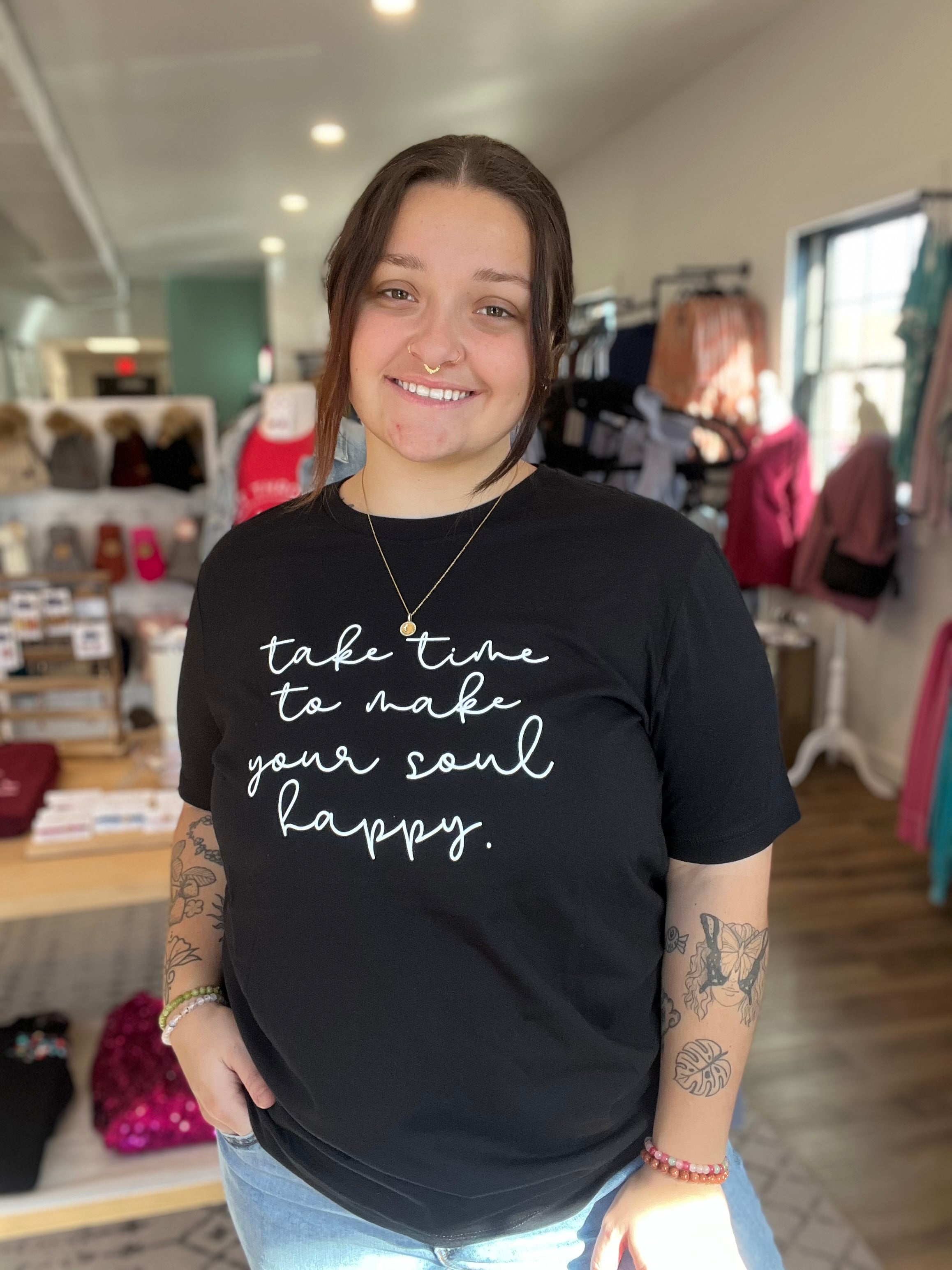 Shop Make Your Soul Happy Graphic Tee-Graphic Tee at Ruby Joy Boutique, a Women's Clothing Store in Pickerington, Ohio