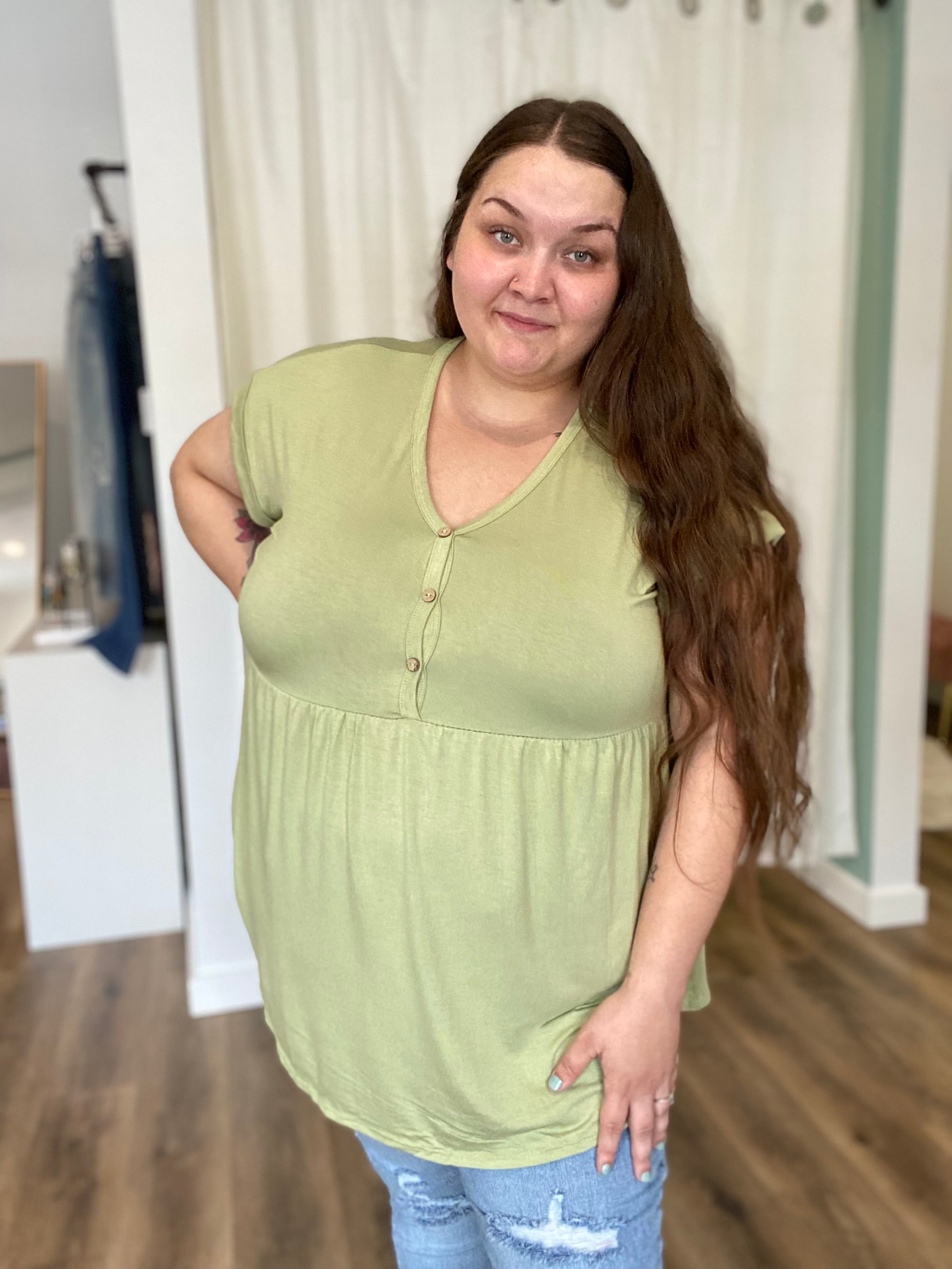 Shop Malia Bamboo Babydoll Top with Buttons - Spring Green-Shirts & Tops at Ruby Joy Boutique, a Women's Clothing Store in Pickerington, Ohio