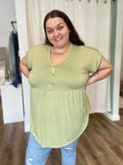 Shop Malia Bamboo Babydoll Top with Buttons - Spring Green-Shirts & Tops at Ruby Joy Boutique, a Women's Clothing Store in Pickerington, Ohio