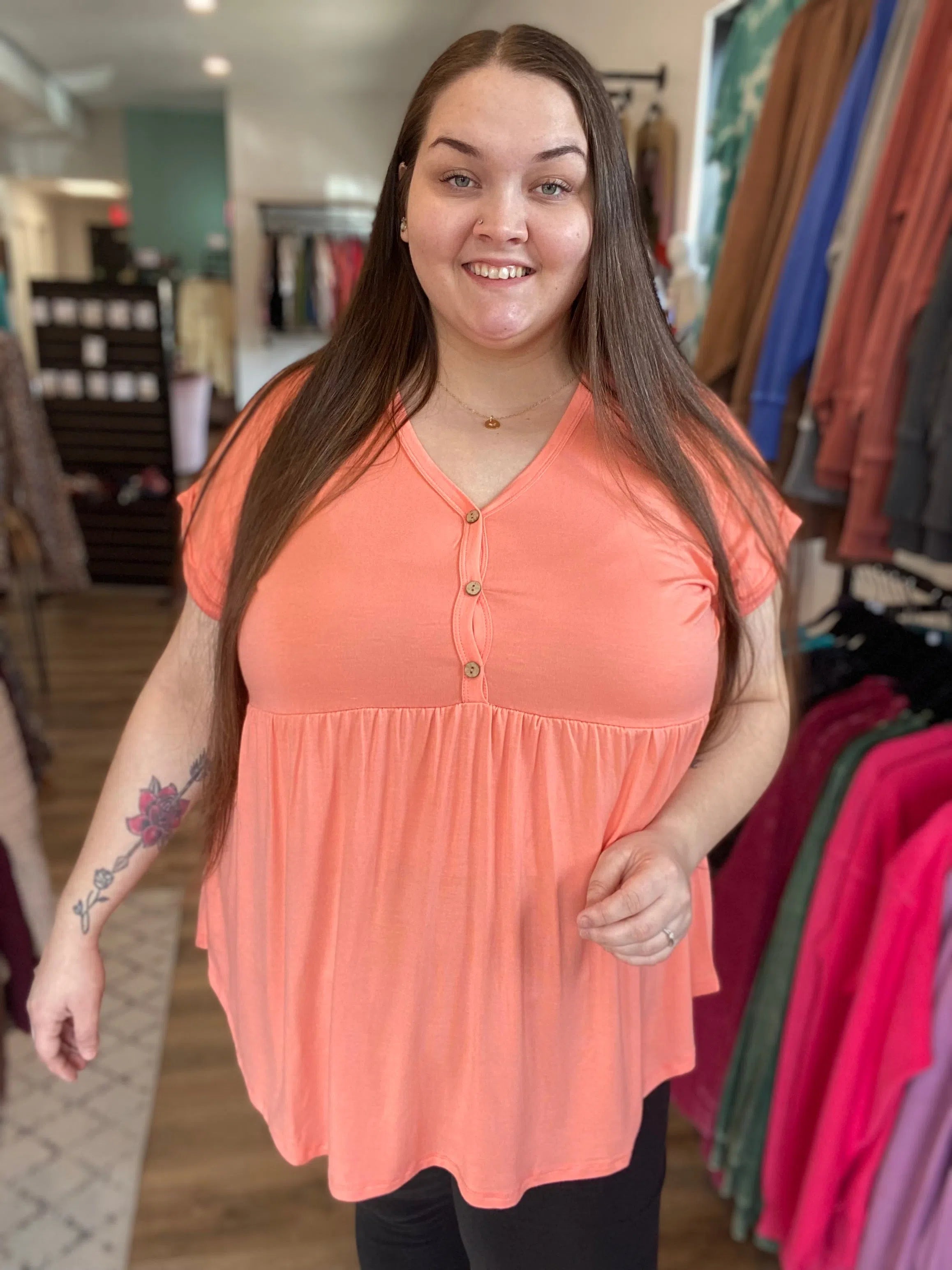Shop Malia Bamboo Babydoll Top with Buttons - Tropical Coral-Shirts & Tops at Ruby Joy Boutique, a Women's Clothing Store in Pickerington, Ohio