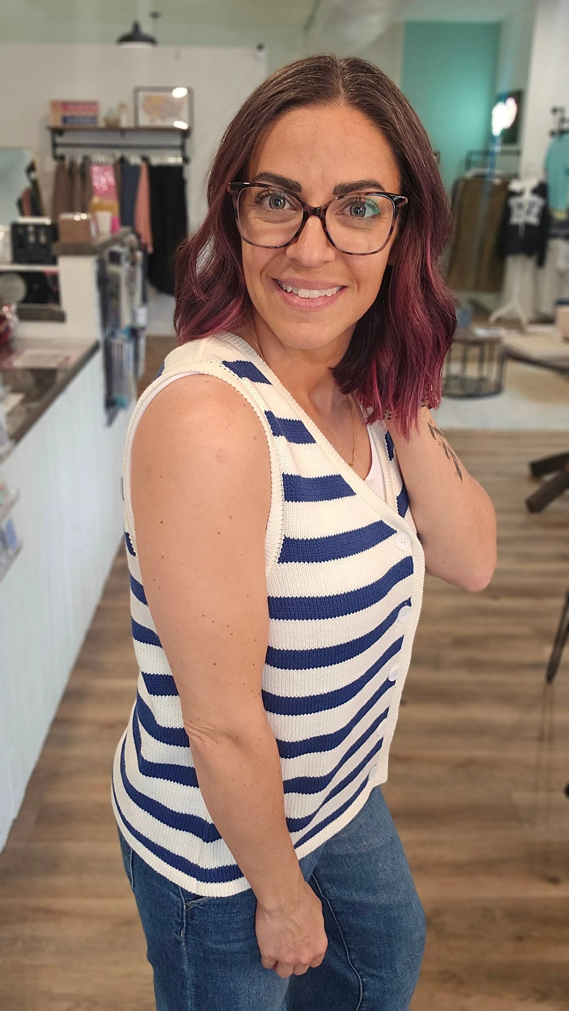 Shop Marina Striped Button-Front Sweater Vest- at Ruby Joy Boutique, a Women's Clothing Store in Pickerington, Ohio
