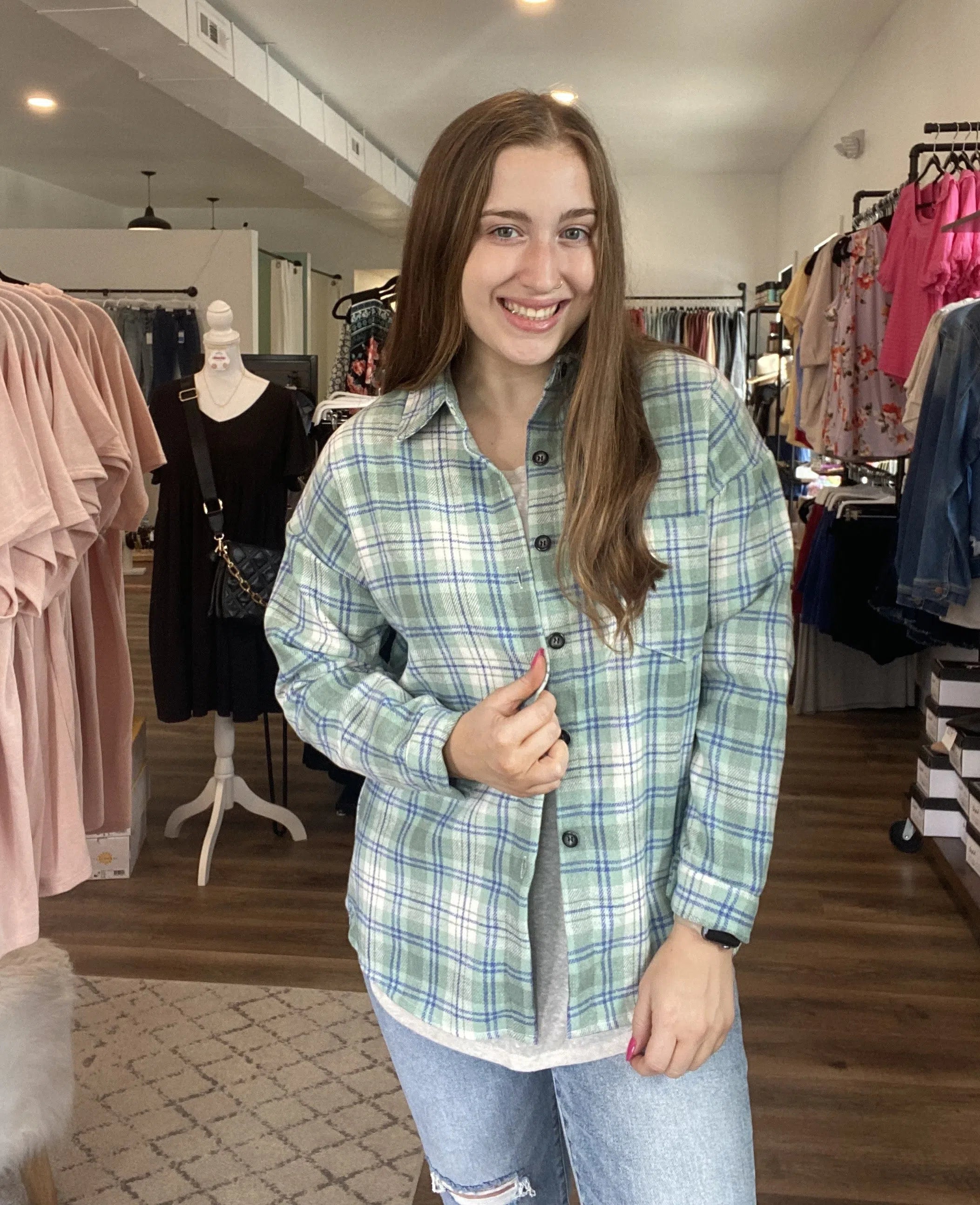 Shop Marlee Button Down Flannel - Blue and Green-Shirts & Tops at Ruby Joy Boutique, a Women's Clothing Store in Pickerington, Ohio