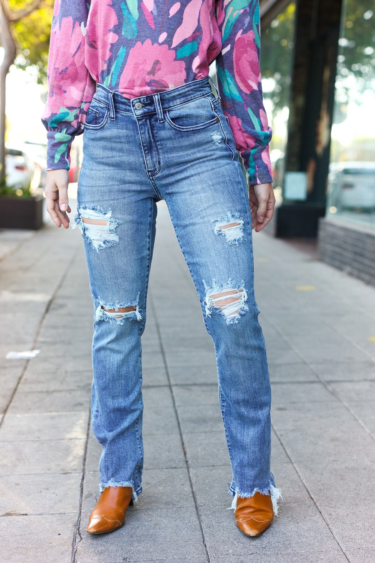 Shop Medium Wash Mid Rise Distressed Straight Leg Jeans |Judy Blue-Denim at Ruby Joy Boutique, a Women's Clothing Store in Pickerington, Ohio