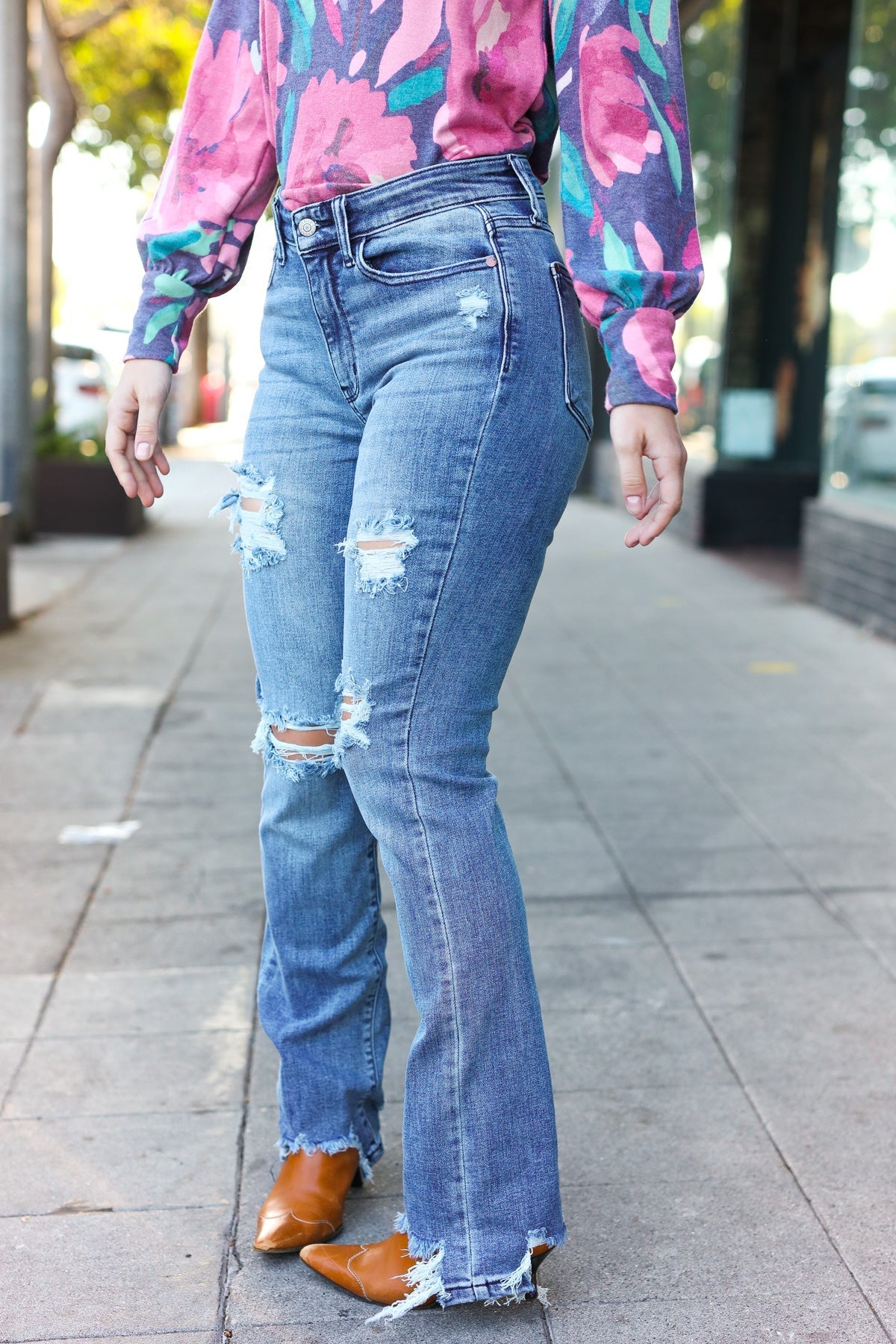 Shop Medium Wash Mid Rise Distressed Straight Leg Jeans |Judy Blue-Denim at Ruby Joy Boutique, a Women's Clothing Store in Pickerington, Ohio