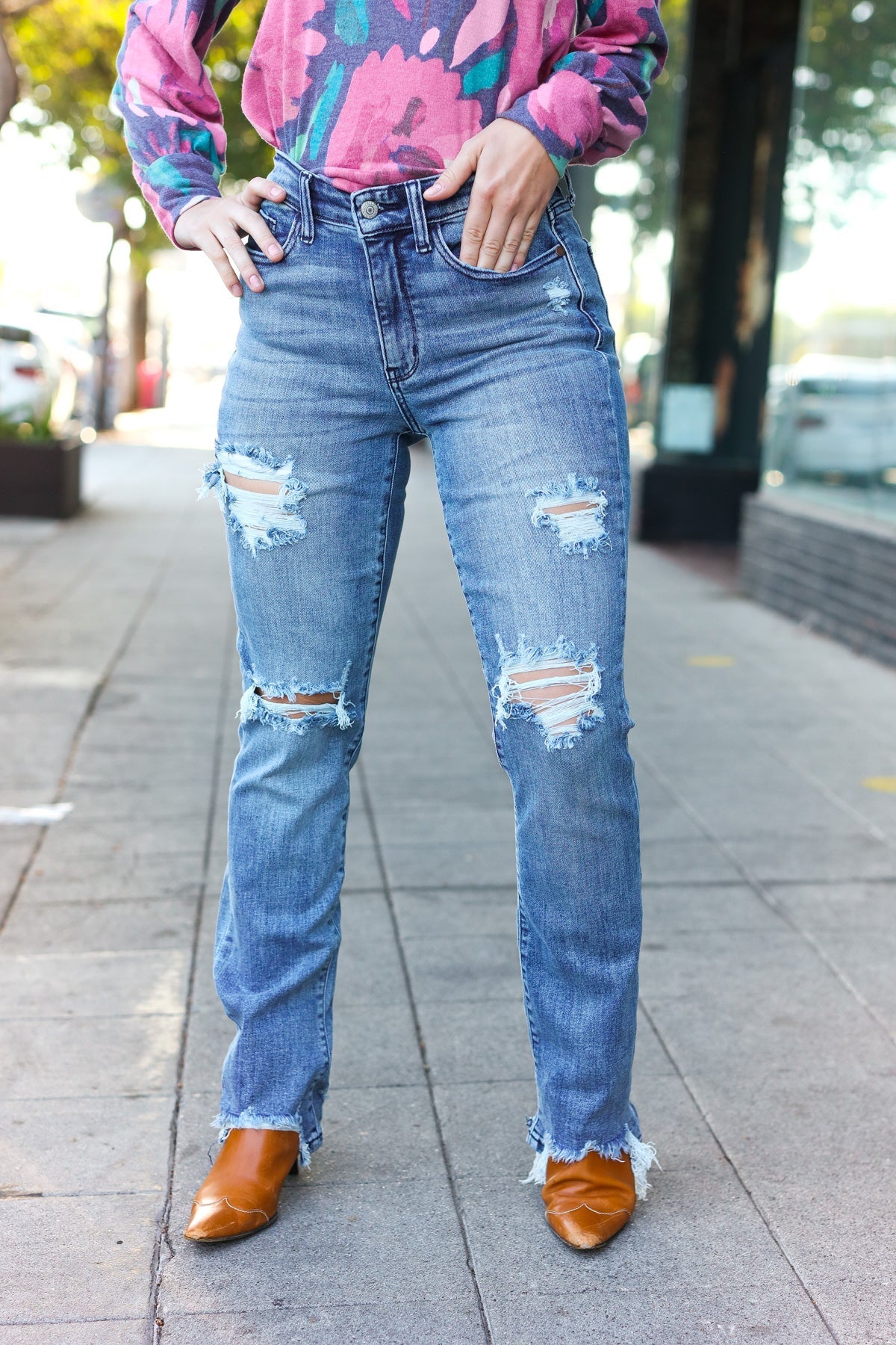 Shop Medium Wash Mid Rise Distressed Straight Leg Jeans |Judy Blue-Denim at Ruby Joy Boutique, a Women's Clothing Store in Pickerington, Ohio