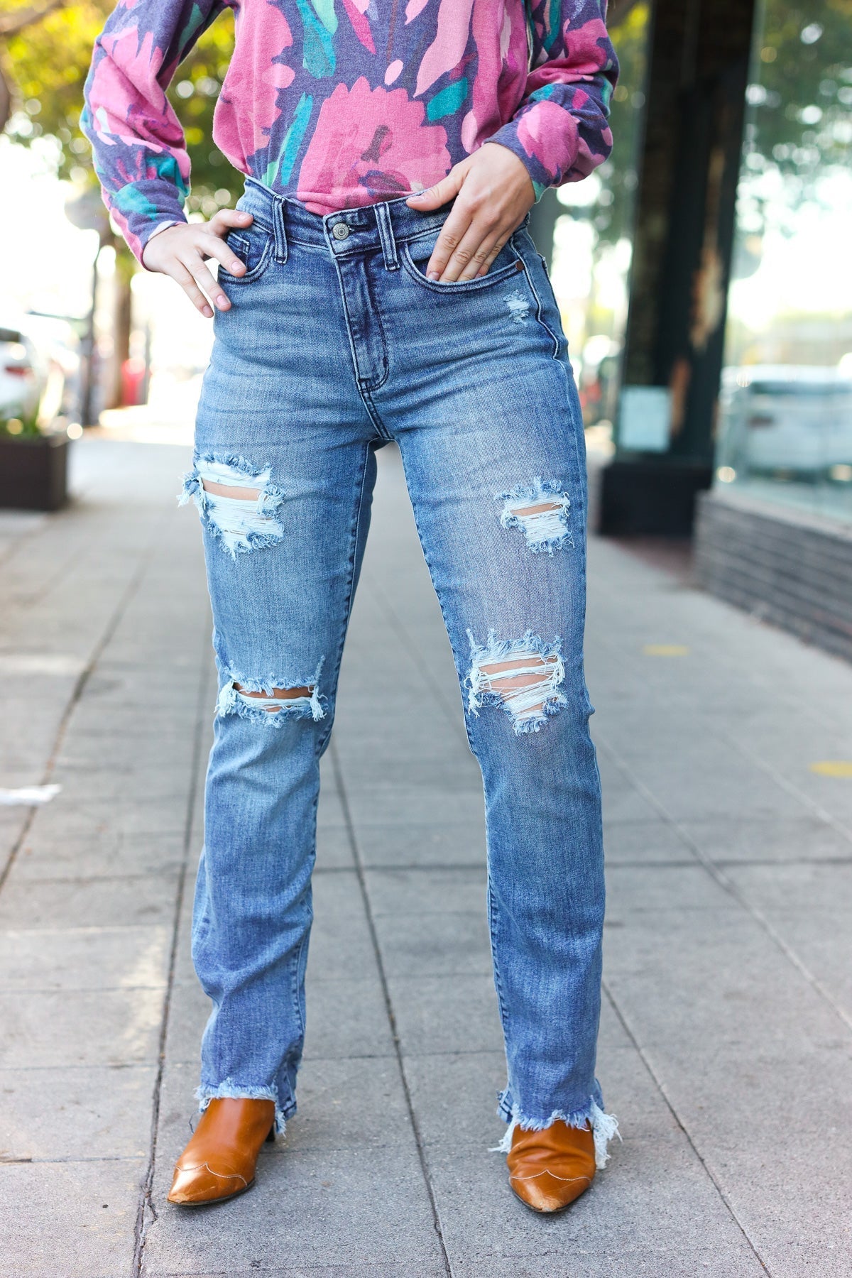 Shop Medium Wash Mid Rise Distressed Straight Leg Jeans |Judy Blue-Denim at Ruby Joy Boutique, a Women's Clothing Store in Pickerington, Ohio