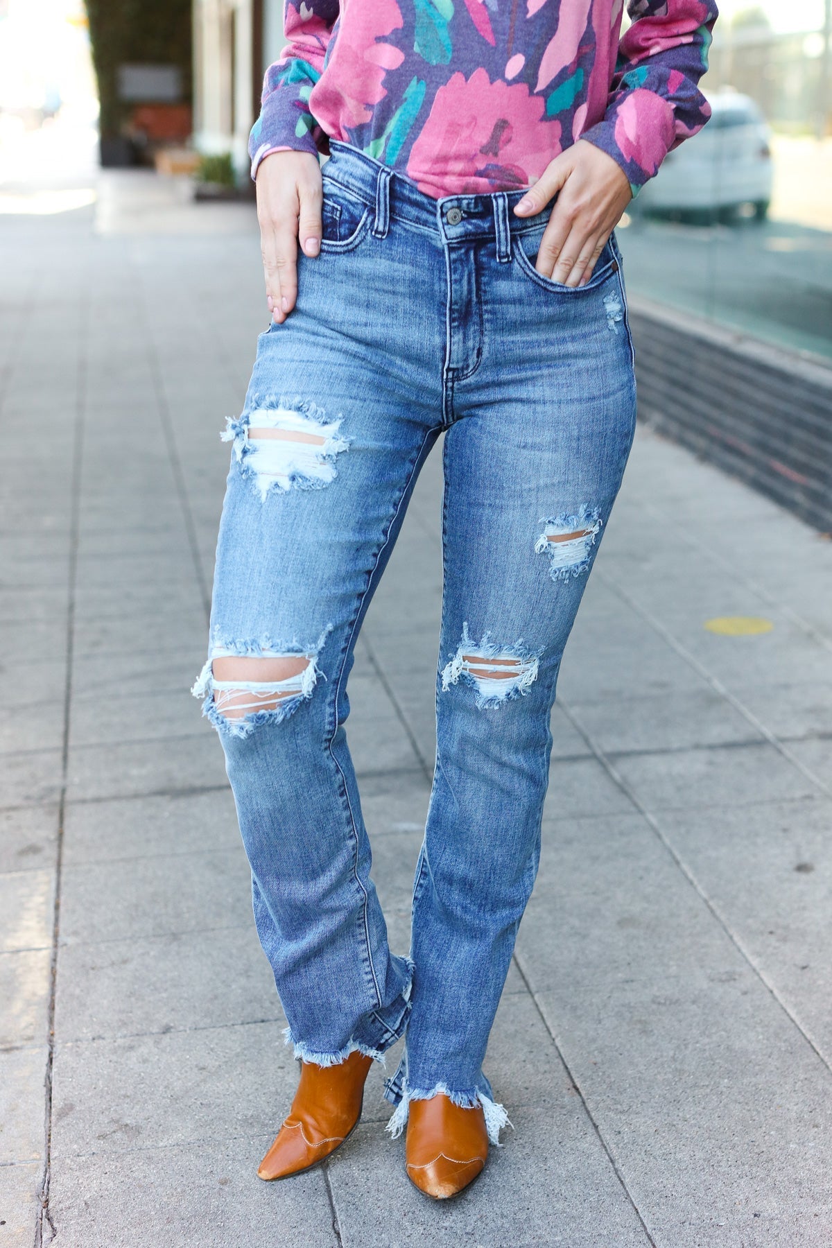 Shop Medium Wash Mid Rise Distressed Straight Leg Jeans |Judy Blue-Denim at Ruby Joy Boutique, a Women's Clothing Store in Pickerington, Ohio