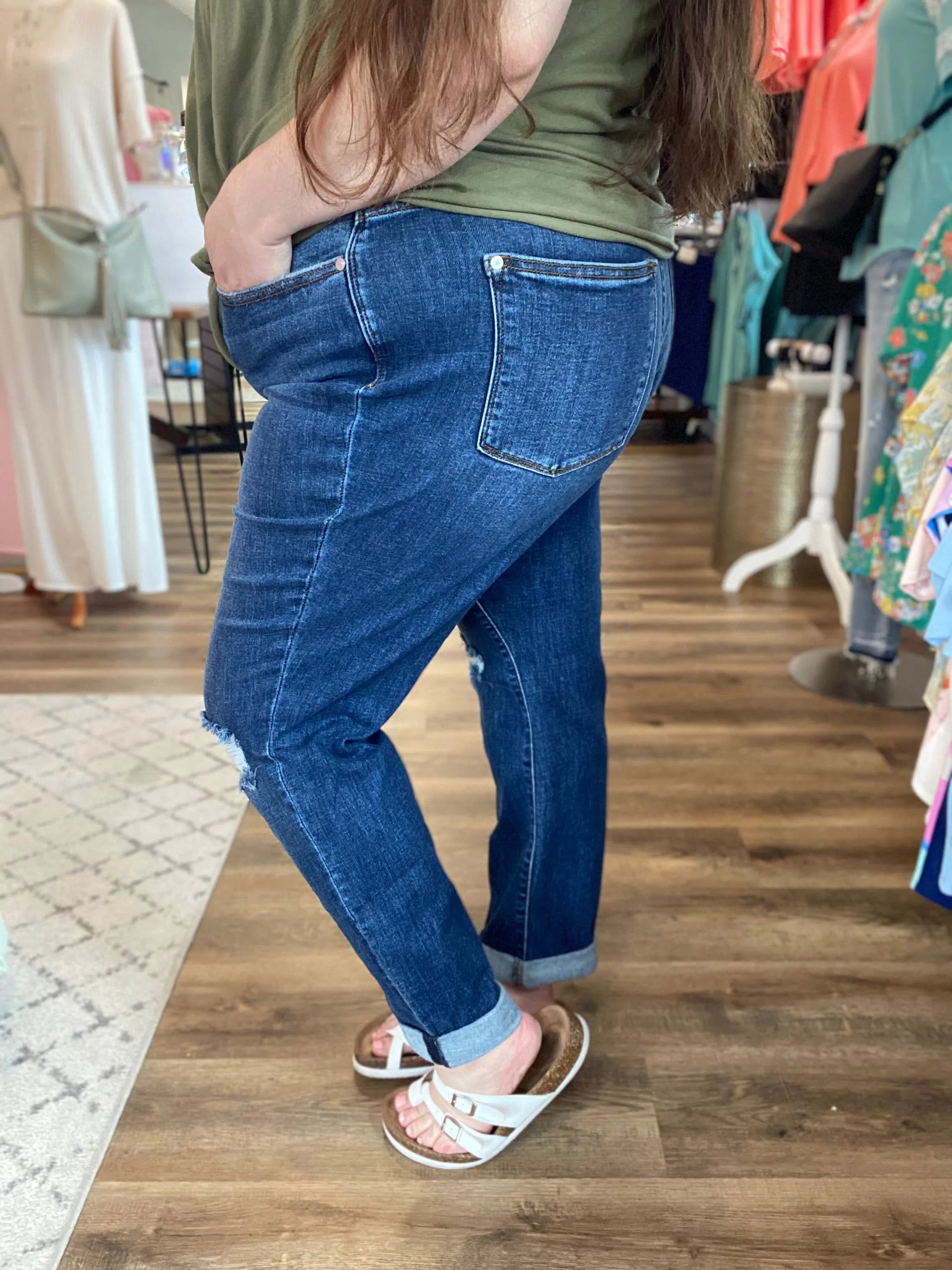 Shop Mid Rise Destroy Slim Cuffed Jeans | Judy Blue-Denim at Ruby Joy Boutique, a Women's Clothing Store in Pickerington, Ohio