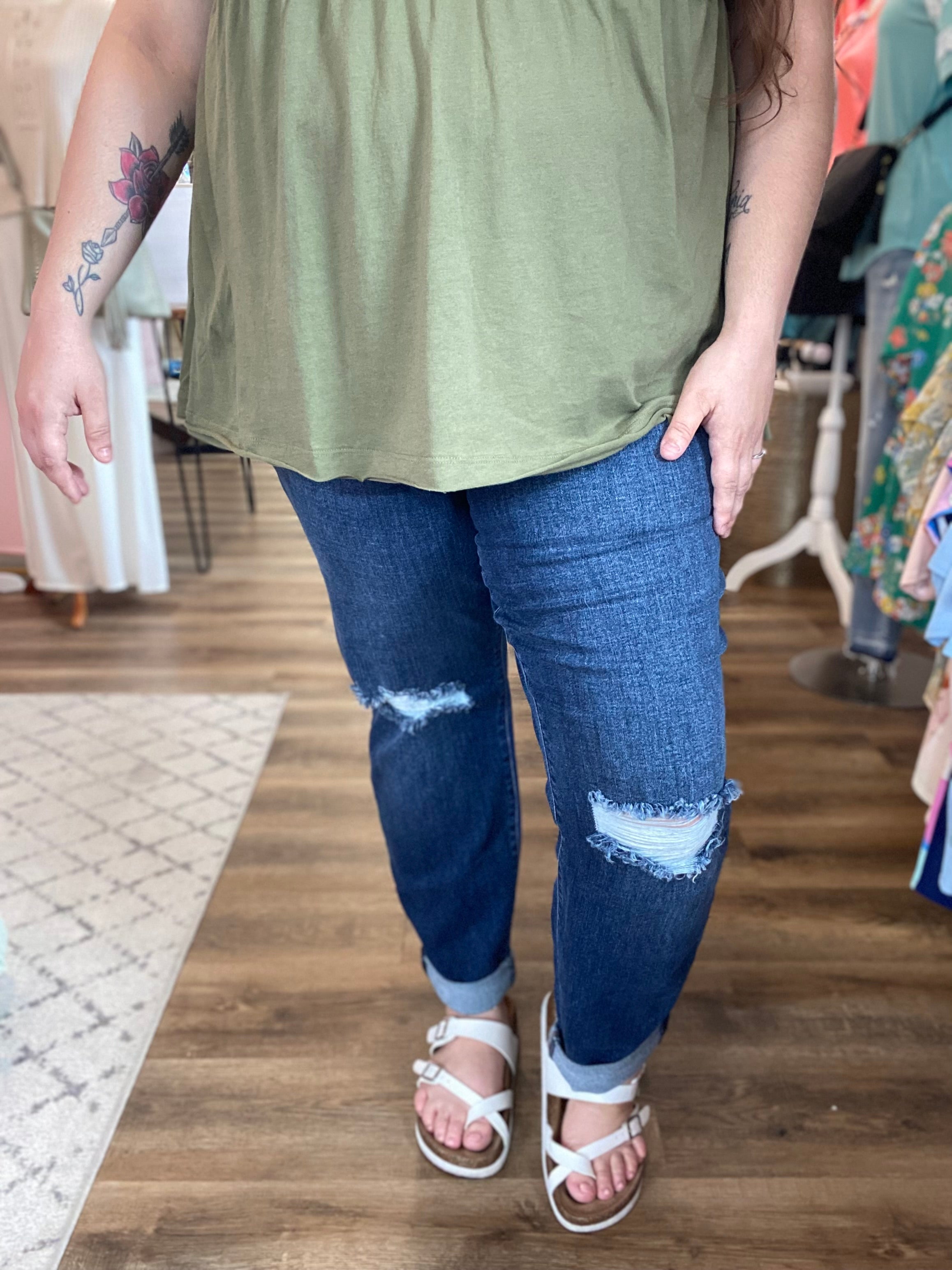 Shop Mid Rise Destroy Slim Cuffed Jeans | Judy Blue-Jeans at Ruby Joy Boutique, a Women's Clothing Store in Pickerington, Ohio