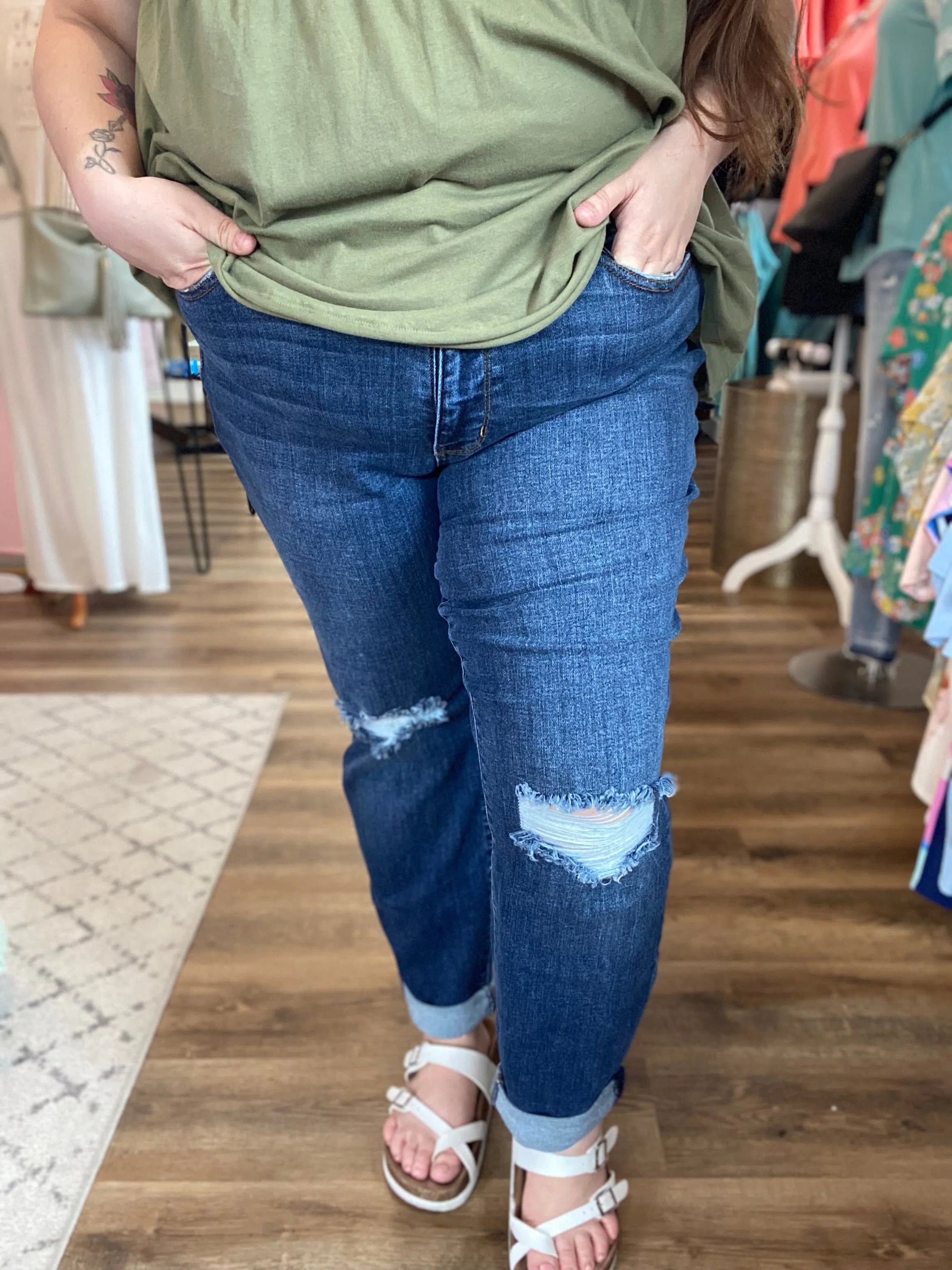 Shop Mid Rise Destroy Slim Cuffed Jeans | Judy Blue-Denim at Ruby Joy Boutique, a Women's Clothing Store in Pickerington, Ohio