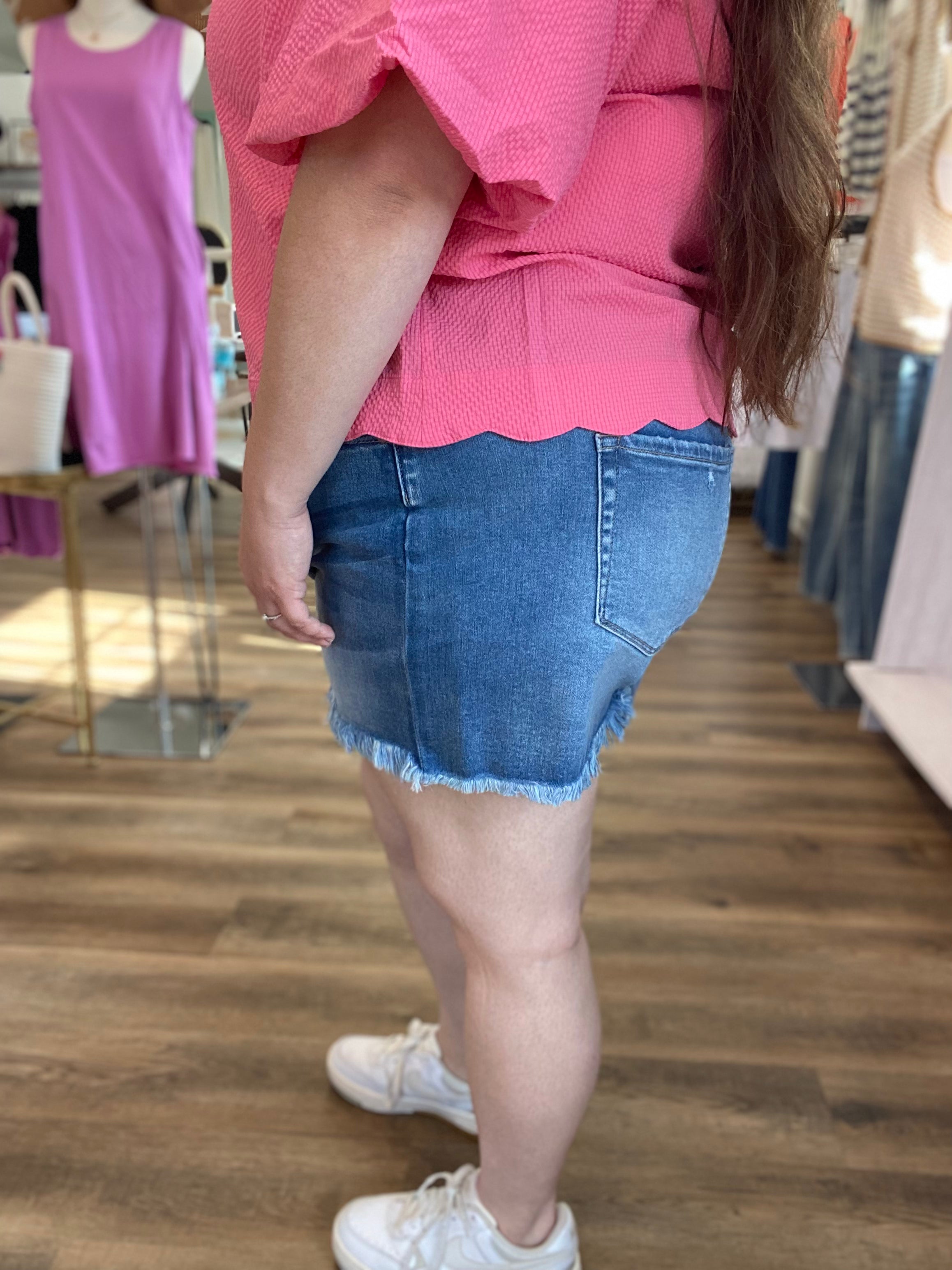 Shop Mid Rise Frayed Hem Denim Shorts | Zenana- at Ruby Joy Boutique, a Women's Clothing Store in Pickerington, Ohio