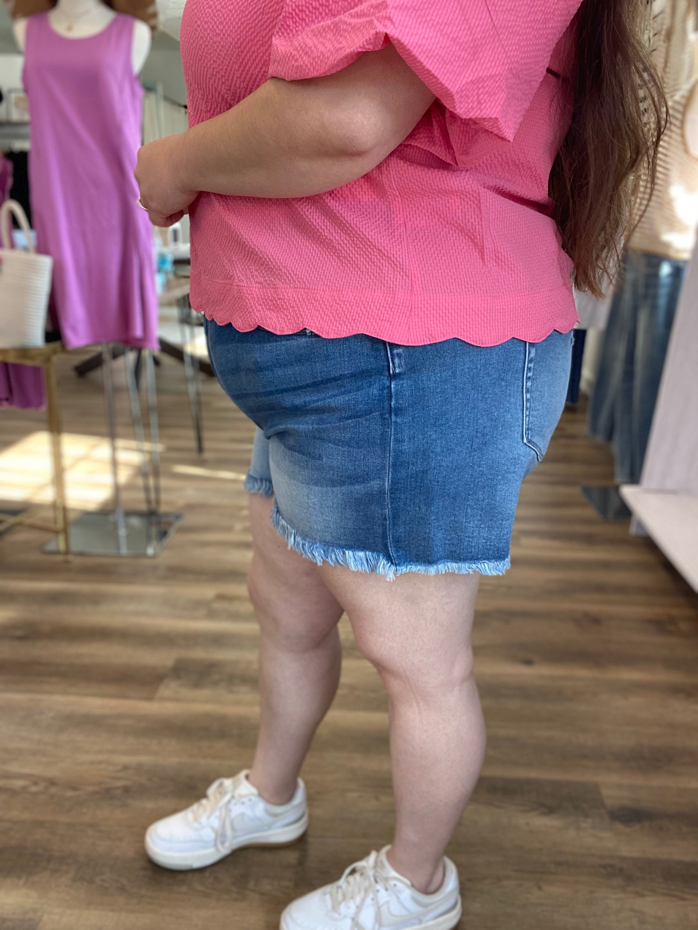 Shop Mid Rise Frayed Hem Denim Shorts | Zenana- at Ruby Joy Boutique, a Women's Clothing Store in Pickerington, Ohio
