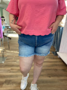 Shop Mid Rise Frayed Hem Denim Shorts | Zenana- at Ruby Joy Boutique, a Women's Clothing Store in Pickerington, Ohio