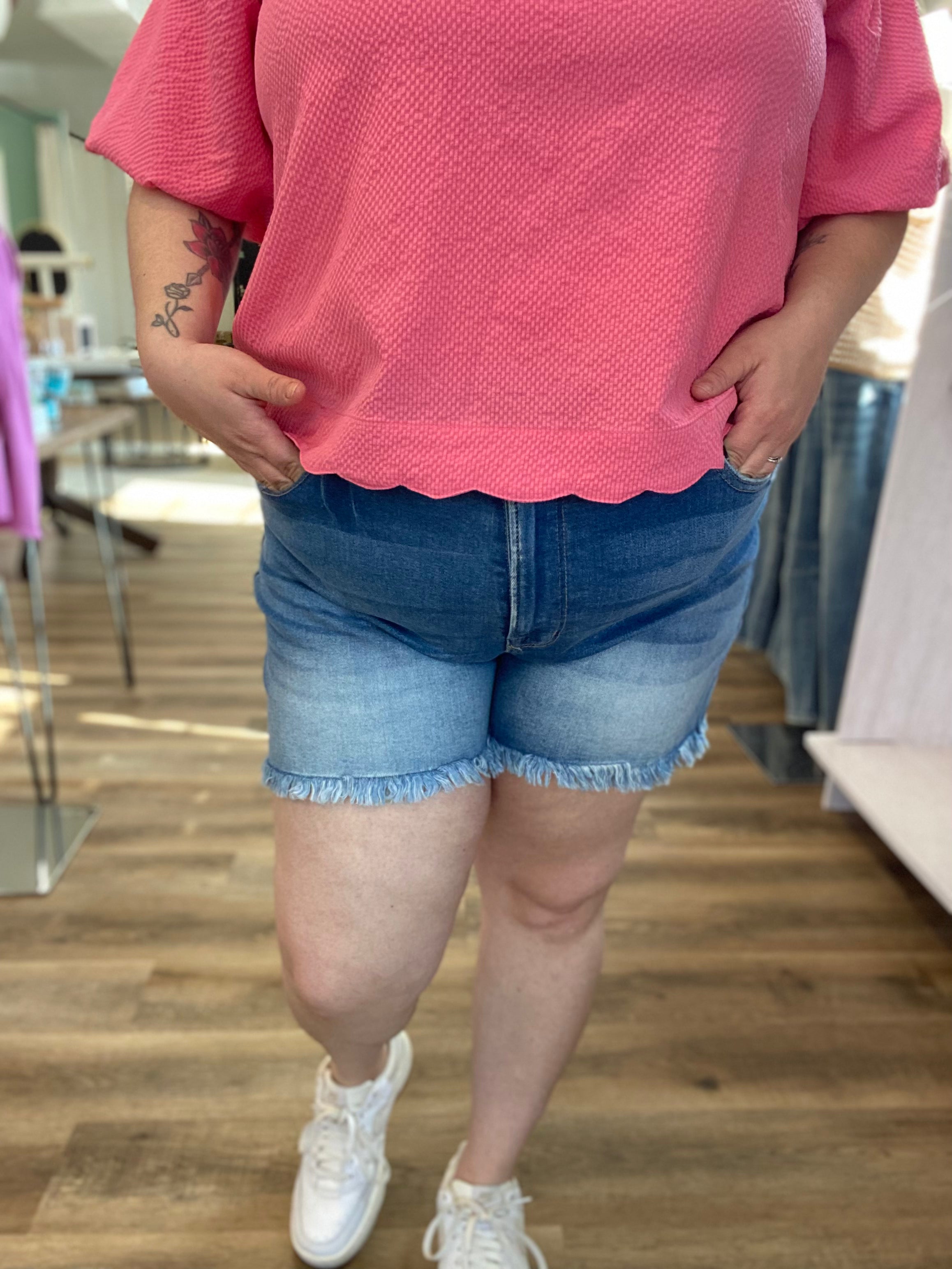 Shop Mid Rise Frayed Hem Denim Shorts | Zenana- at Ruby Joy Boutique, a Women's Clothing Store in Pickerington, Ohio