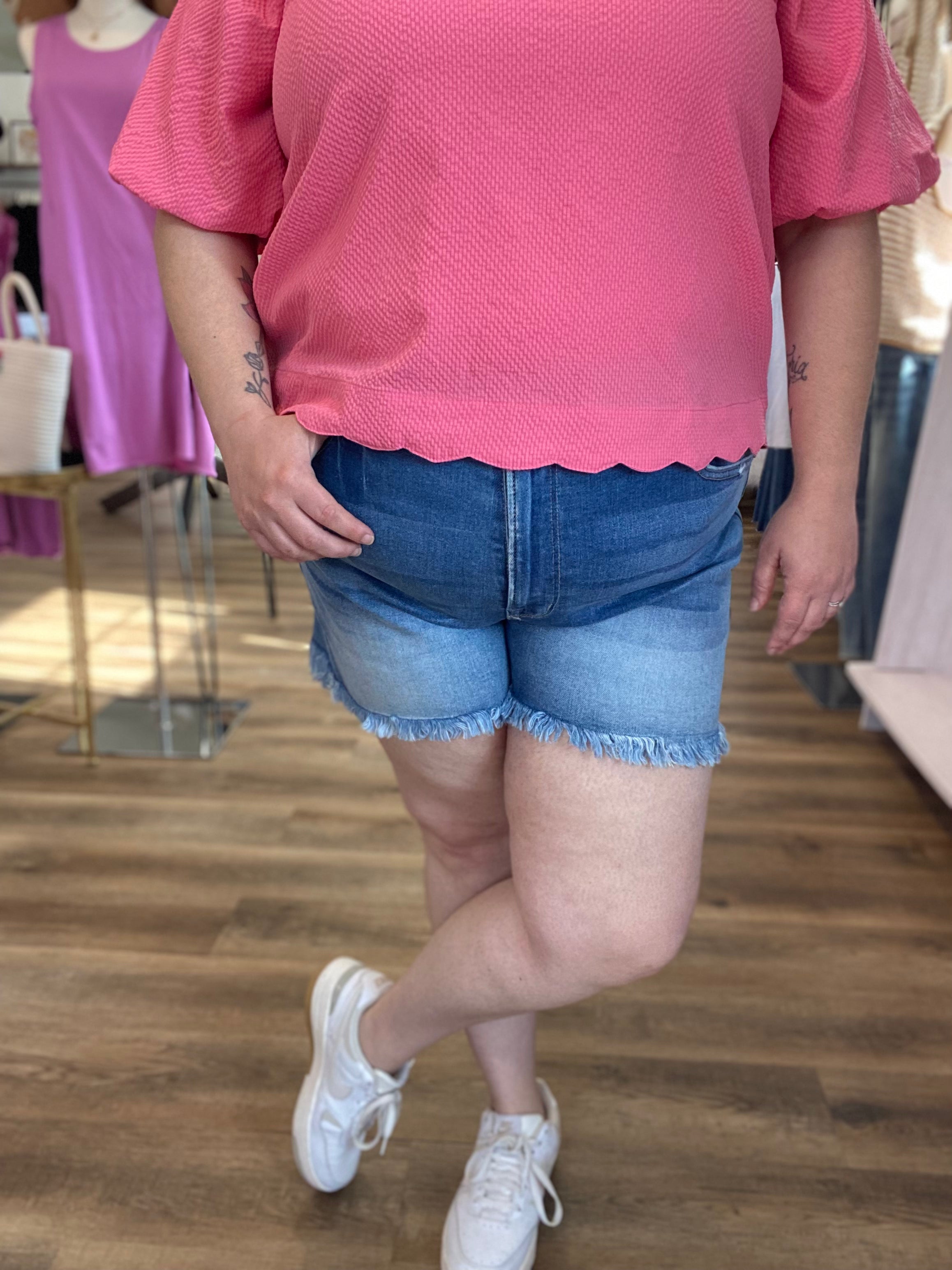 Shop Mid Rise Frayed Hem Denim Shorts | Zenana- at Ruby Joy Boutique, a Women's Clothing Store in Pickerington, Ohio