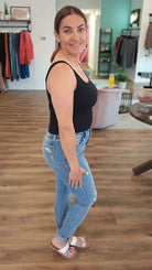 Shop Mid Rise Raw Hem Skinny Jeans | Judy Blue-Denim at Ruby Joy Boutique, a Women's Clothing Store in Pickerington, Ohio