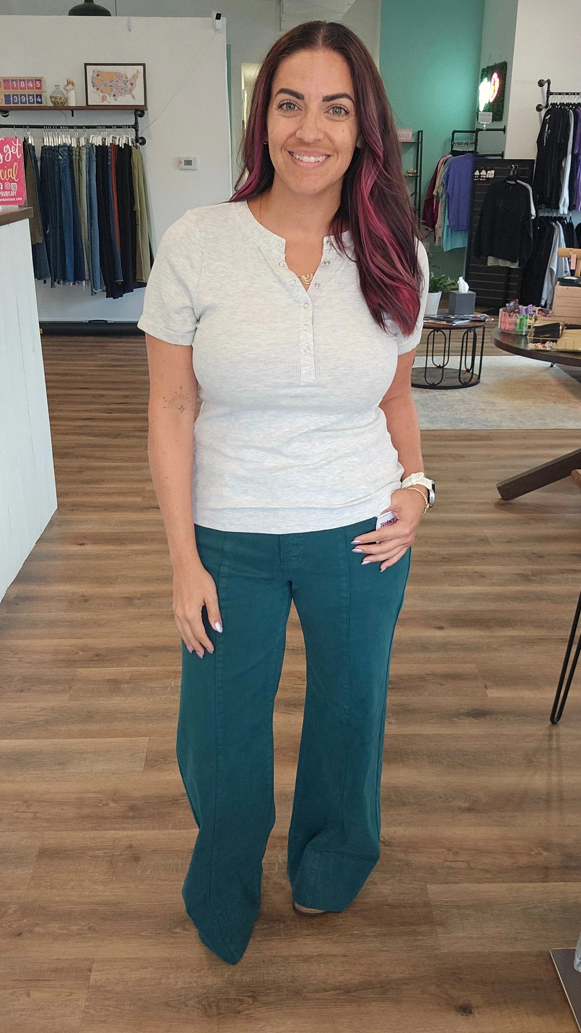 Shop Mid-Rise Wide Leg Jeans with Tummy Control - Hunter Green | Risen- at Ruby Joy Boutique, a Women's Clothing Store in Pickerington, Ohio