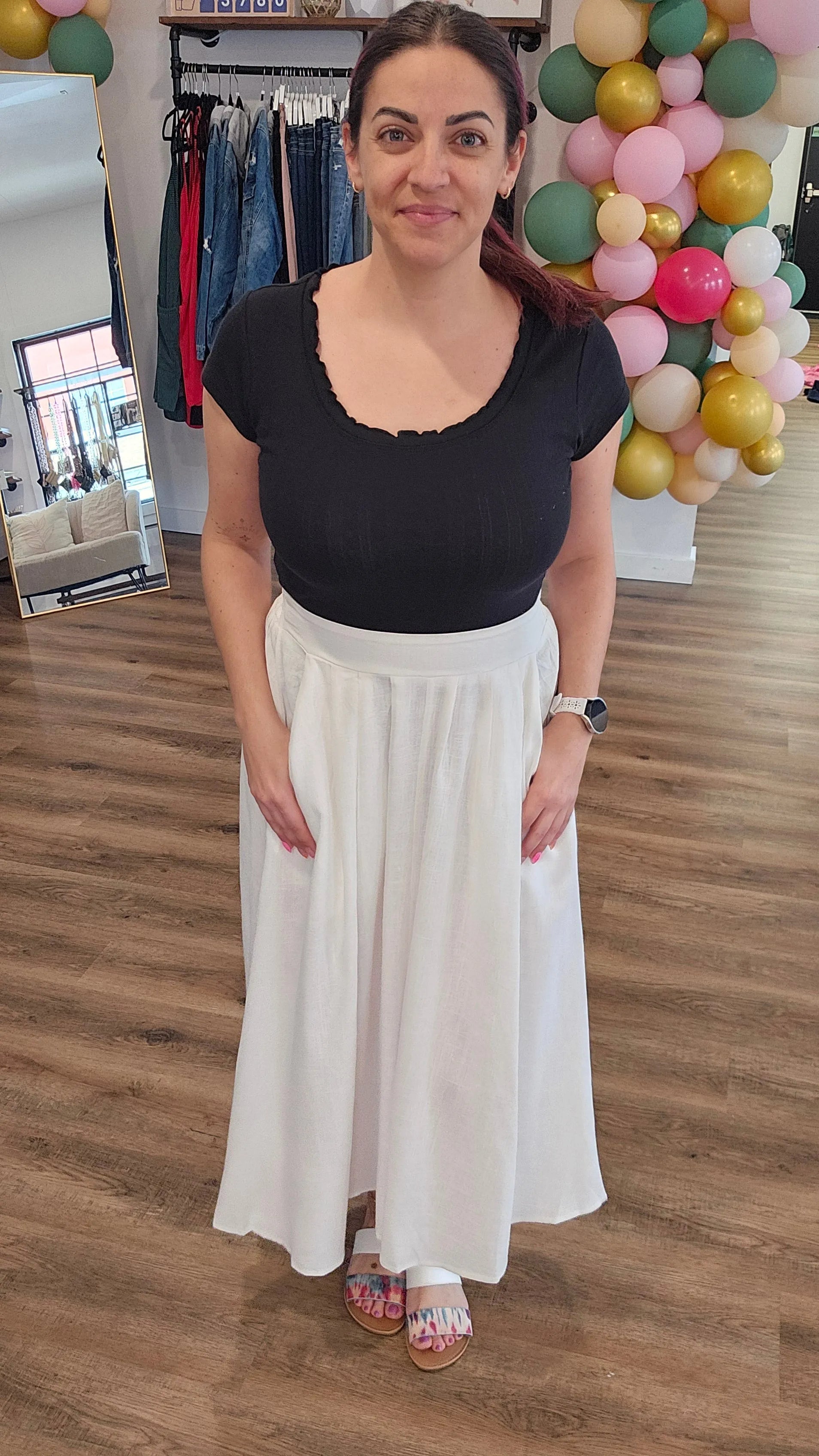 Shop Midi Pleated Skirt with Pockets - White- at Ruby Joy Boutique, a Women's Clothing Store in Pickerington, Ohio
