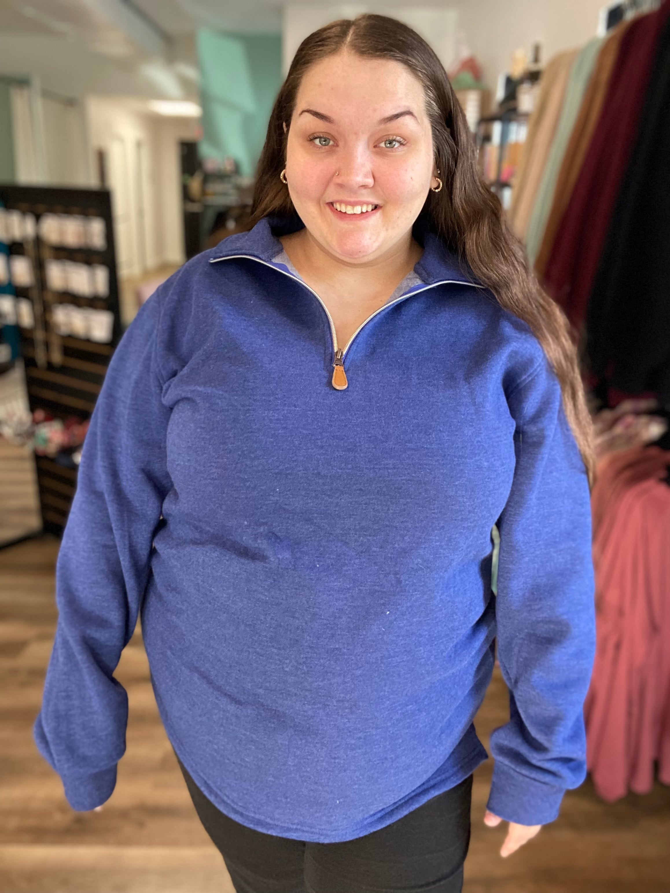 Shop Miley Vintage Pullover - Cobalt Blue-Half Zip at Ruby Joy Boutique, a Women's Clothing Store in Pickerington, Ohio