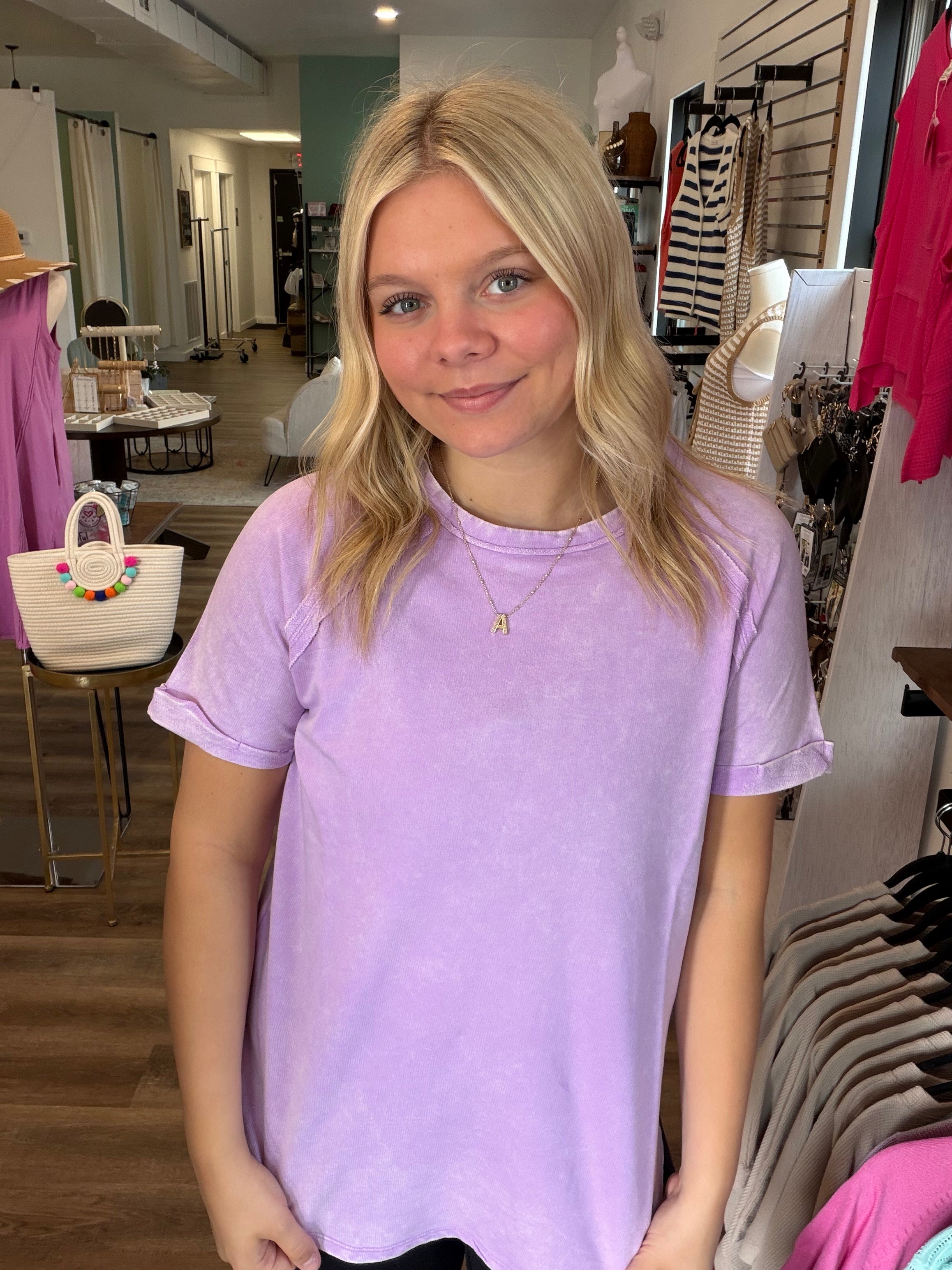 Shop Mineral Wash French Terry Tee - Lavender- at Ruby Joy Boutique, a Women's Clothing Store in Pickerington, Ohio
