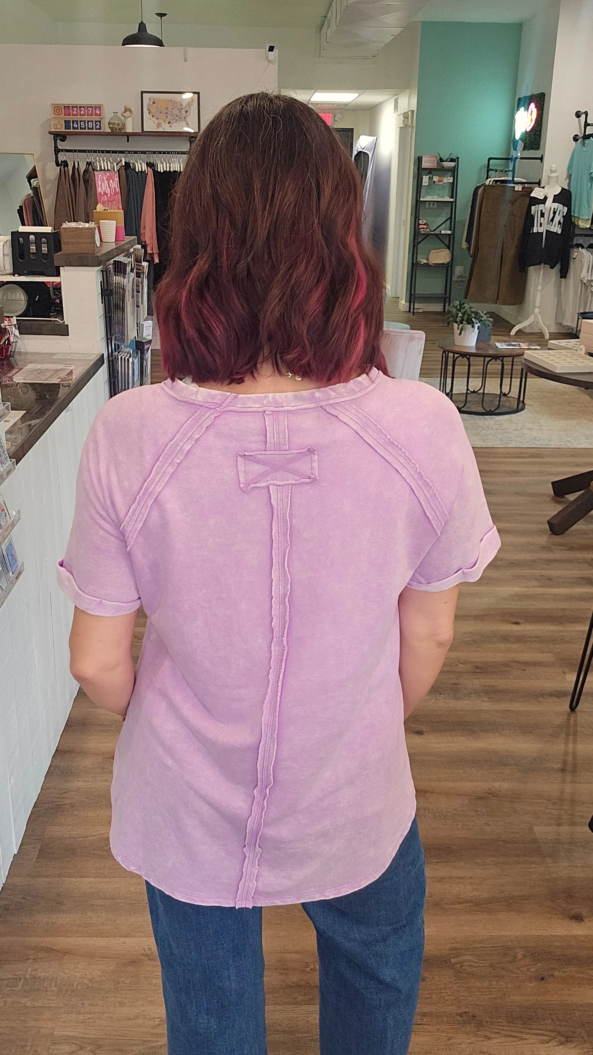 Shop Mineral Wash French Terry Tee - Lavender- at Ruby Joy Boutique, a Women's Clothing Store in Pickerington, Ohio