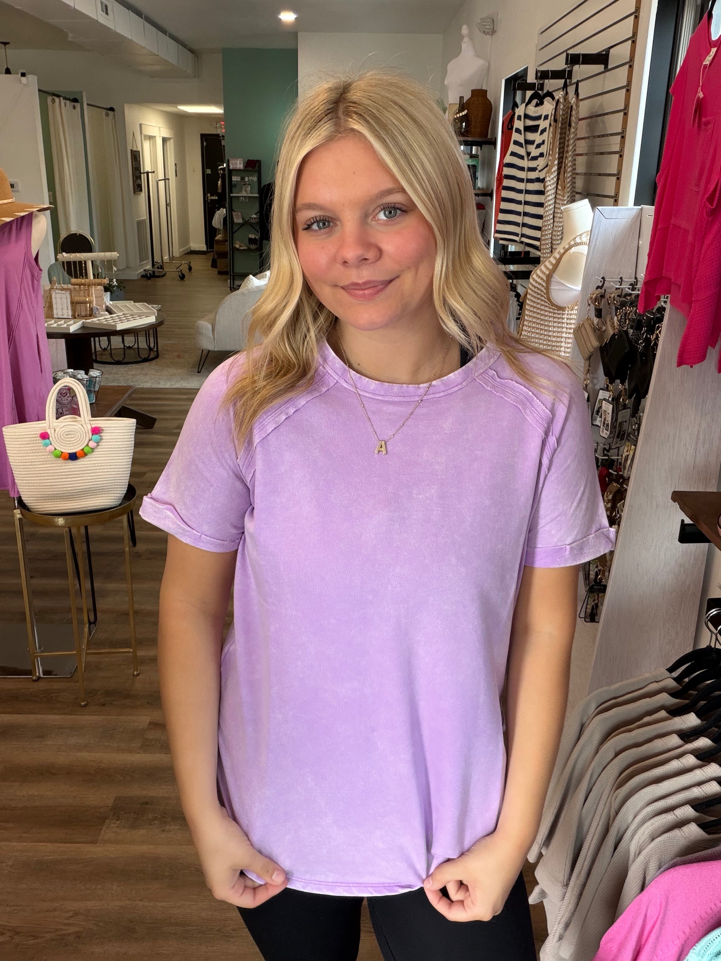 Shop Mineral Wash French Terry Tee - Lavender- at Ruby Joy Boutique, a Women's Clothing Store in Pickerington, Ohio