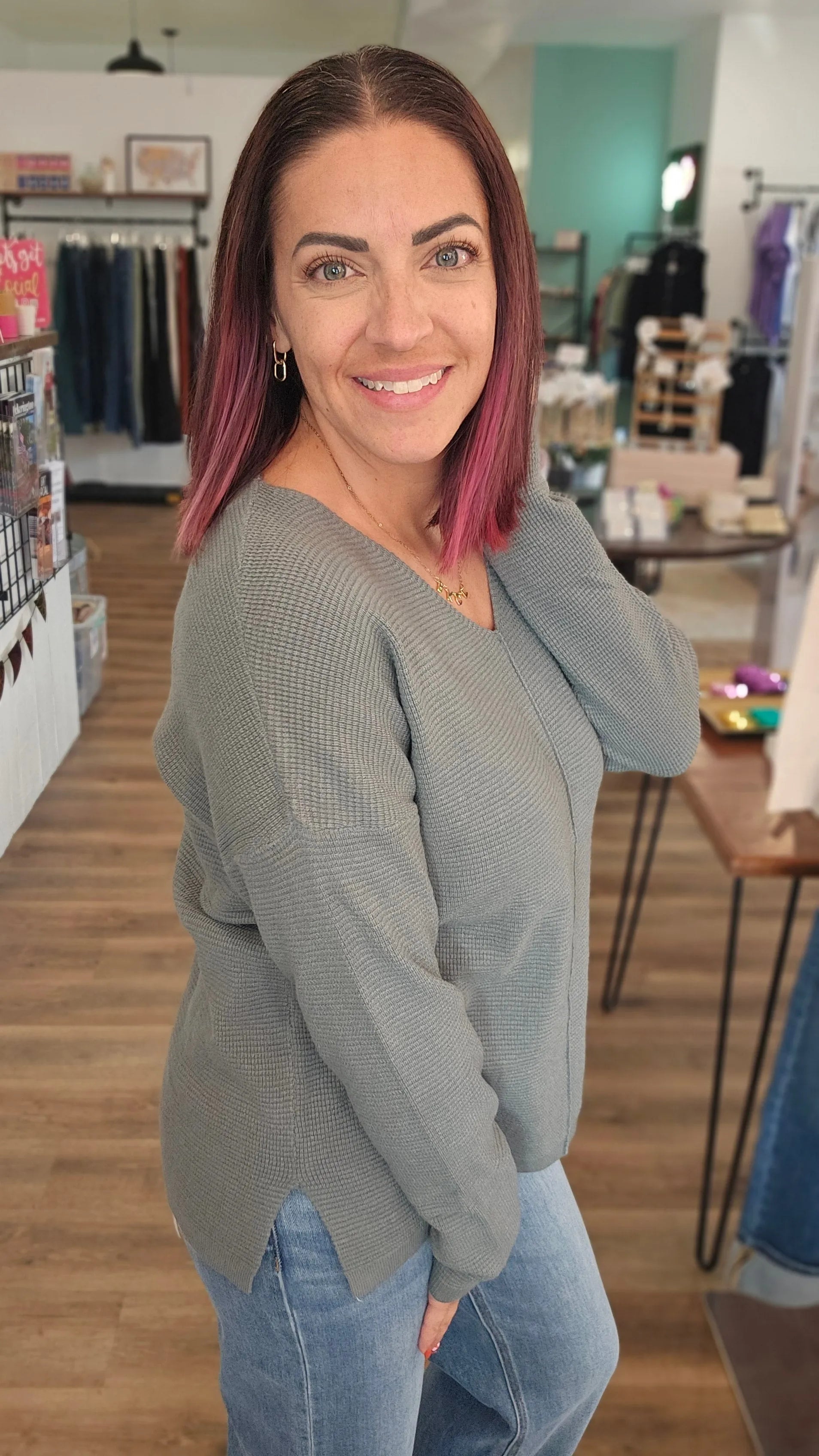 Shop Mini Waffle Knit Sweater - Dusty Jade- at Ruby Joy Boutique, a Women's Clothing Store in Pickerington, Ohio