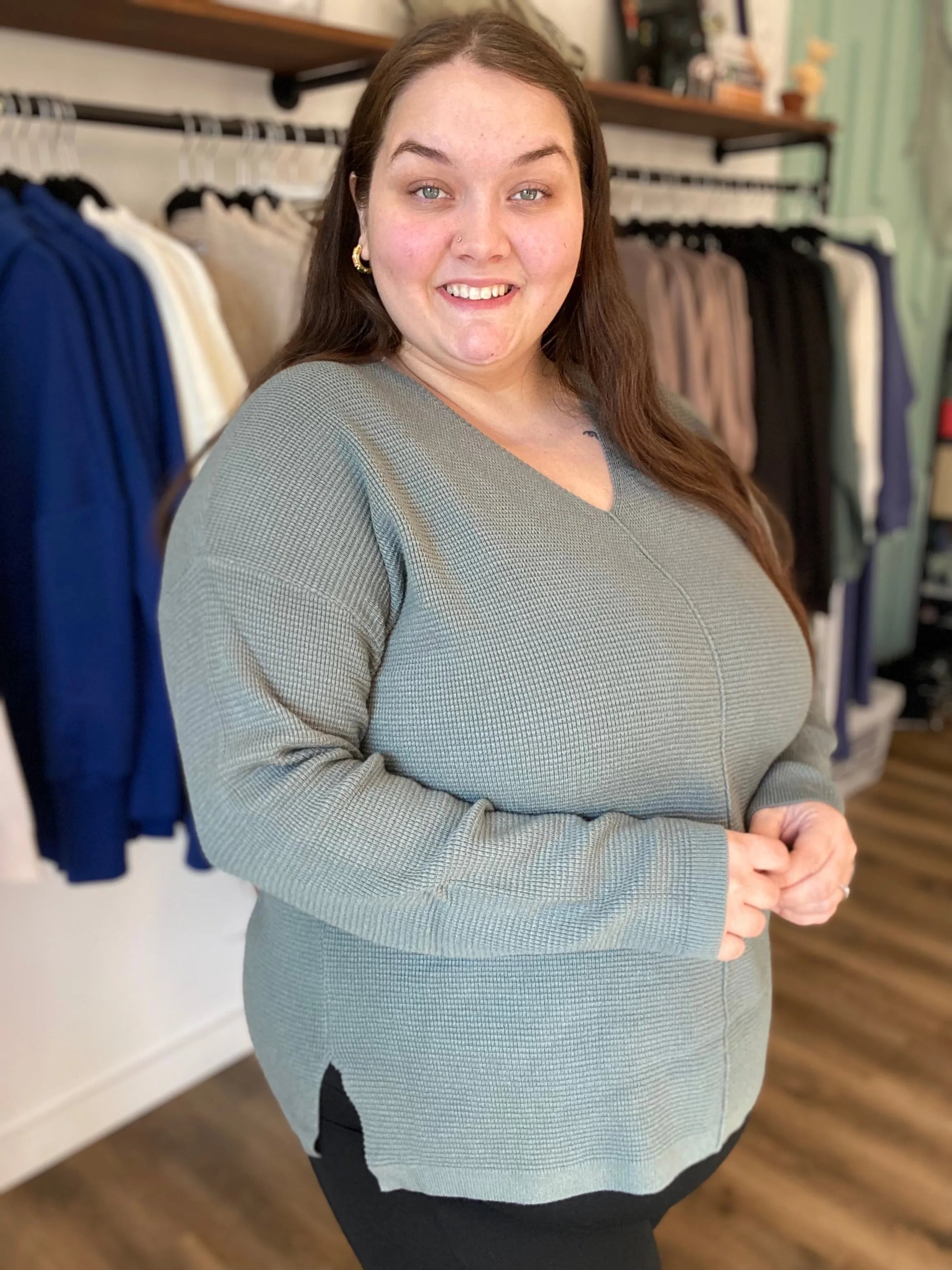 Shop Mini Waffle Knit Sweater - Dusty Jade- at Ruby Joy Boutique, a Women's Clothing Store in Pickerington, Ohio