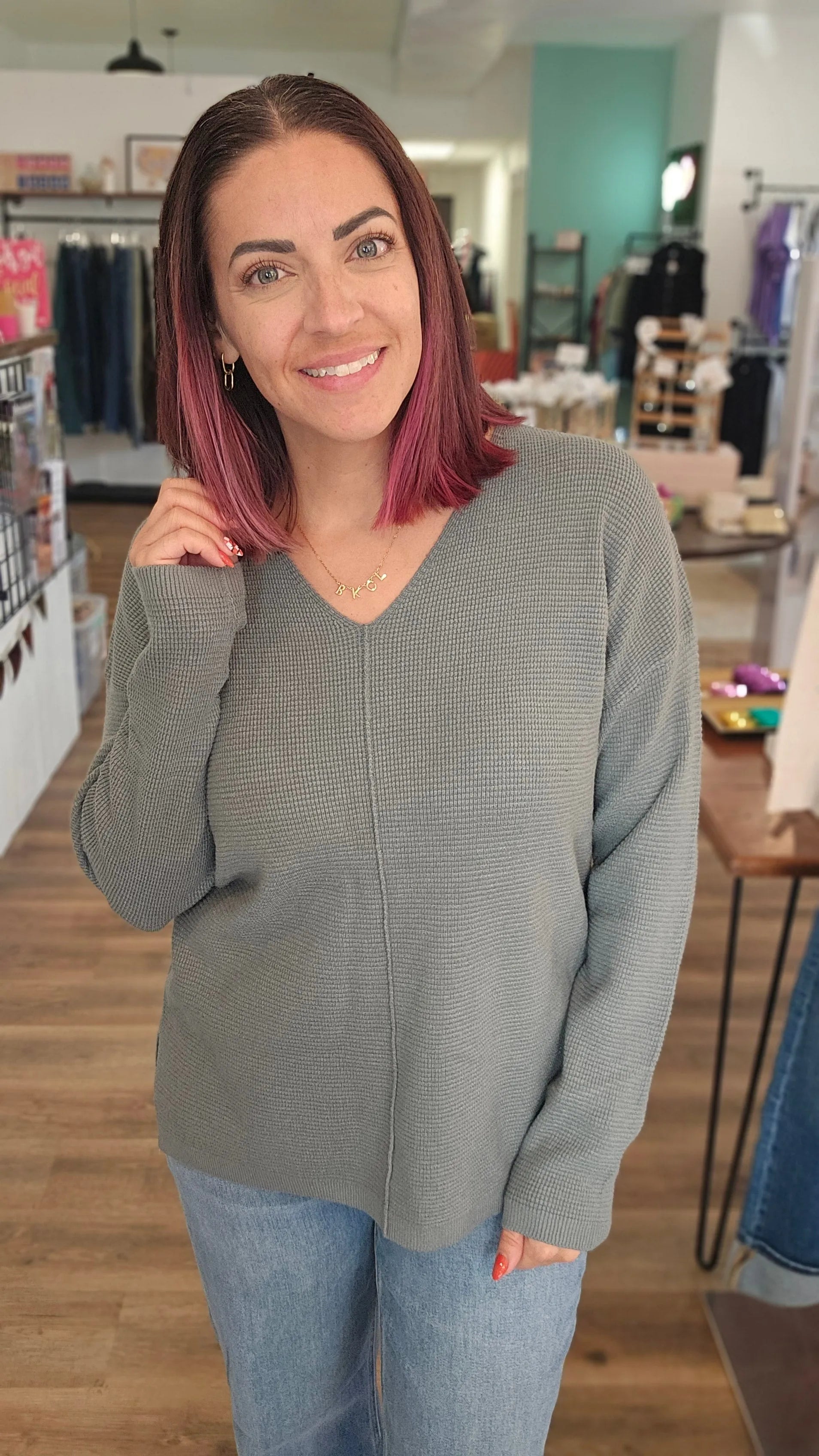 Shop Mini Waffle Knit Sweater - Dusty Jade- at Ruby Joy Boutique, a Women's Clothing Store in Pickerington, Ohio