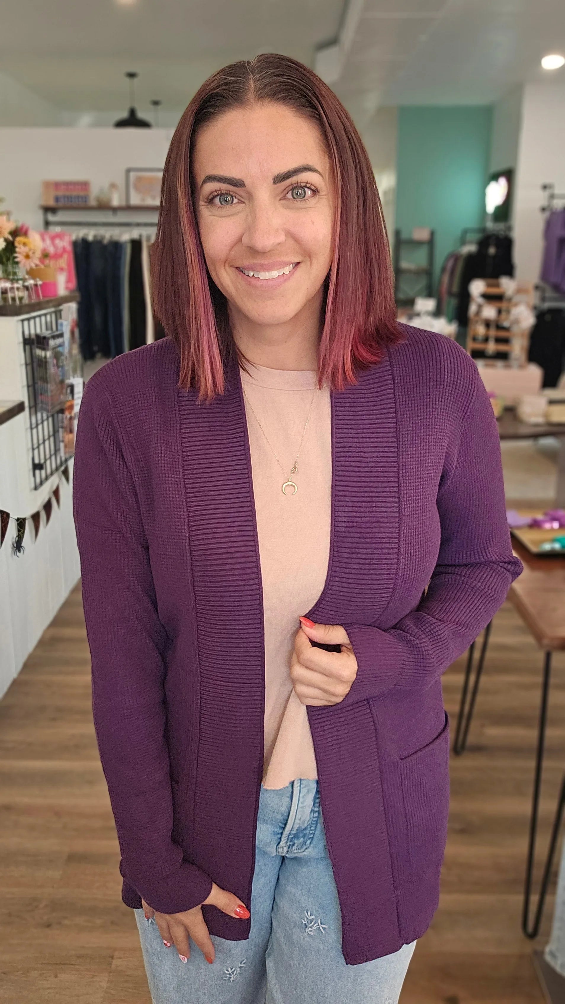 Shop Mini Waffle Open Cardigan - Eggplant- at Ruby Joy Boutique, a Women's Clothing Store in Pickerington, Ohio