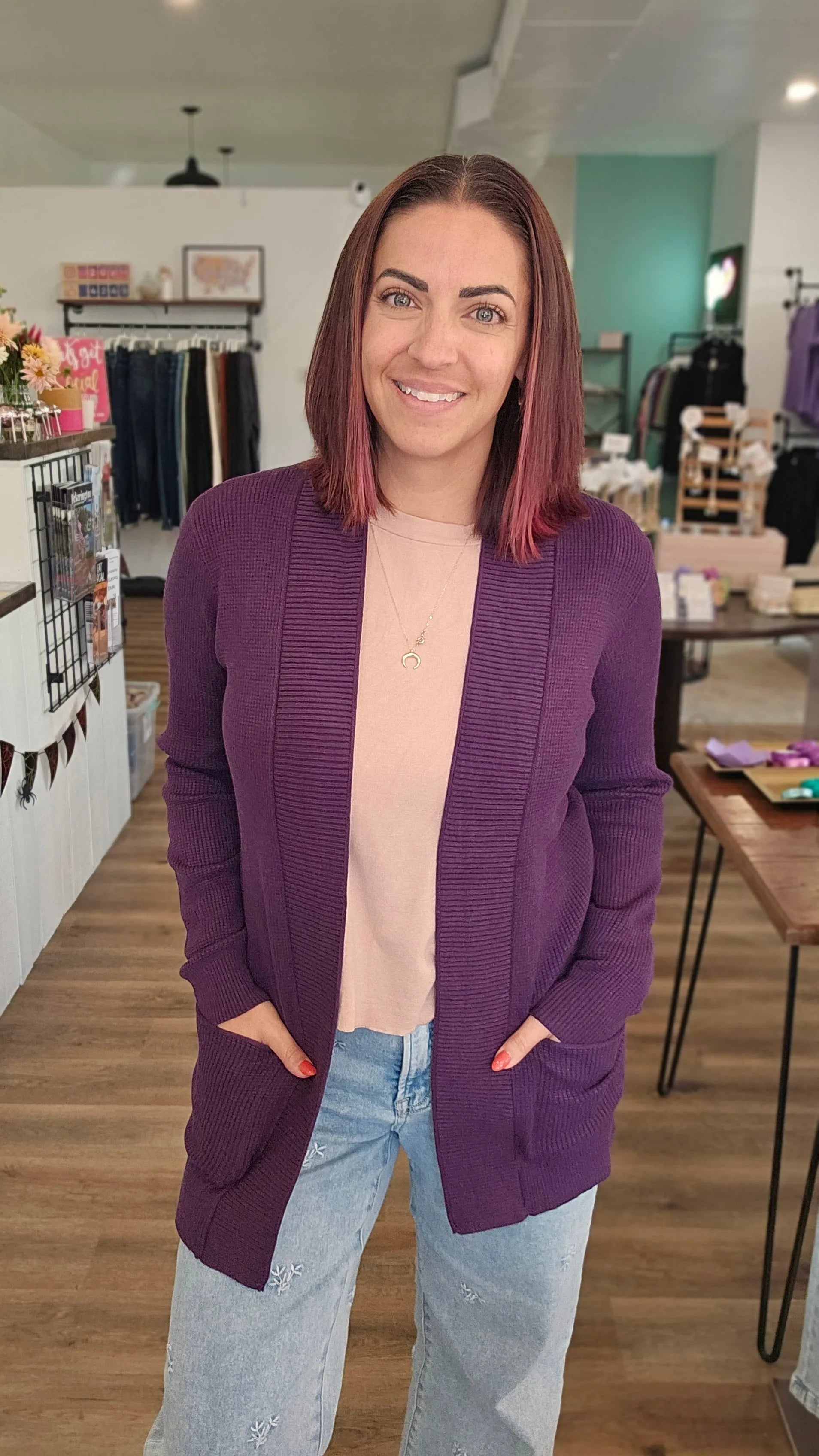 Shop Mini Waffle Open Cardigan - Eggplant- at Ruby Joy Boutique, a Women's Clothing Store in Pickerington, Ohio