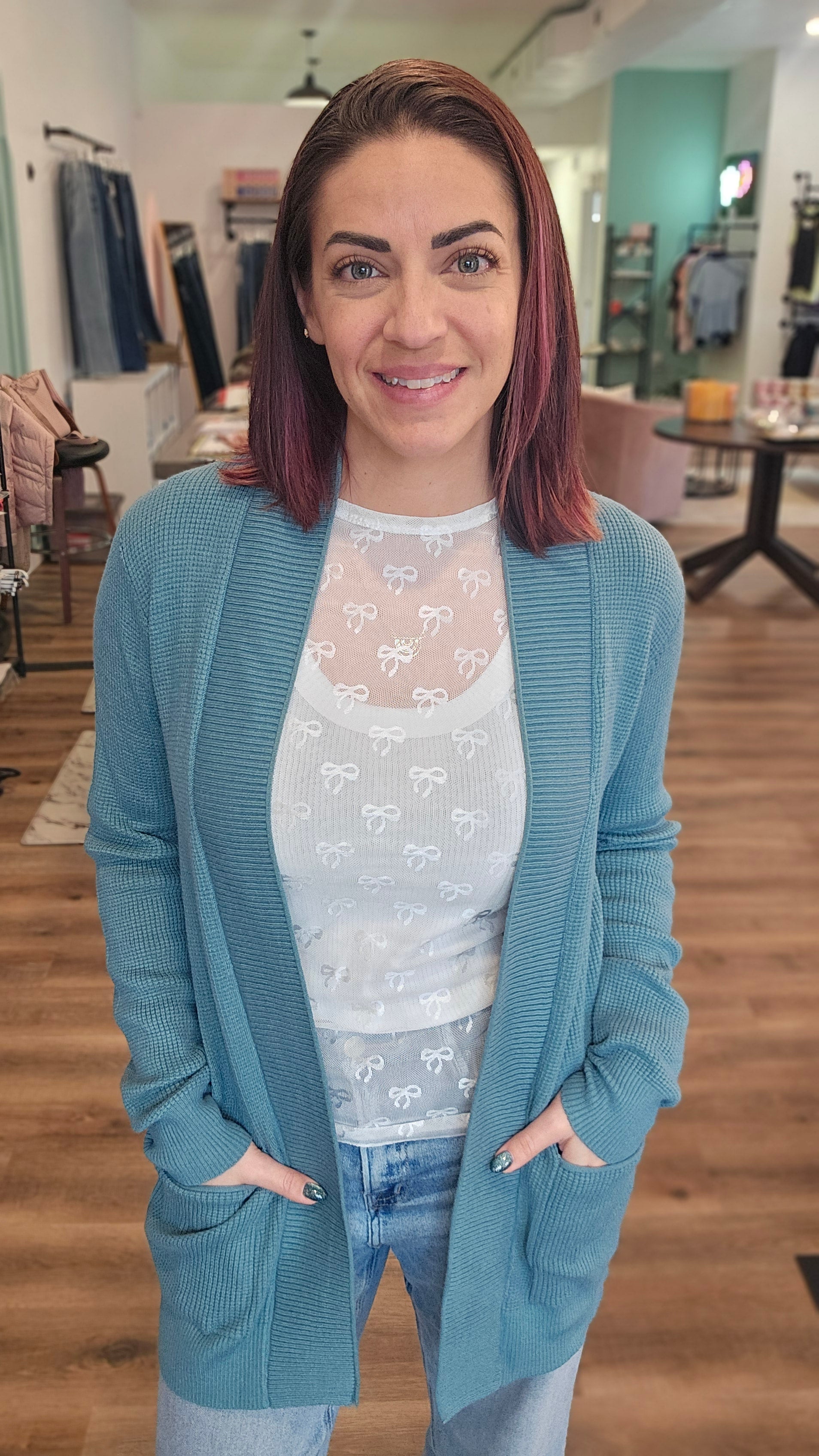 Shop Mini Waffle Open Cardigan - Jade- at Ruby Joy Boutique, a Women's Clothing Store in Pickerington, Ohio