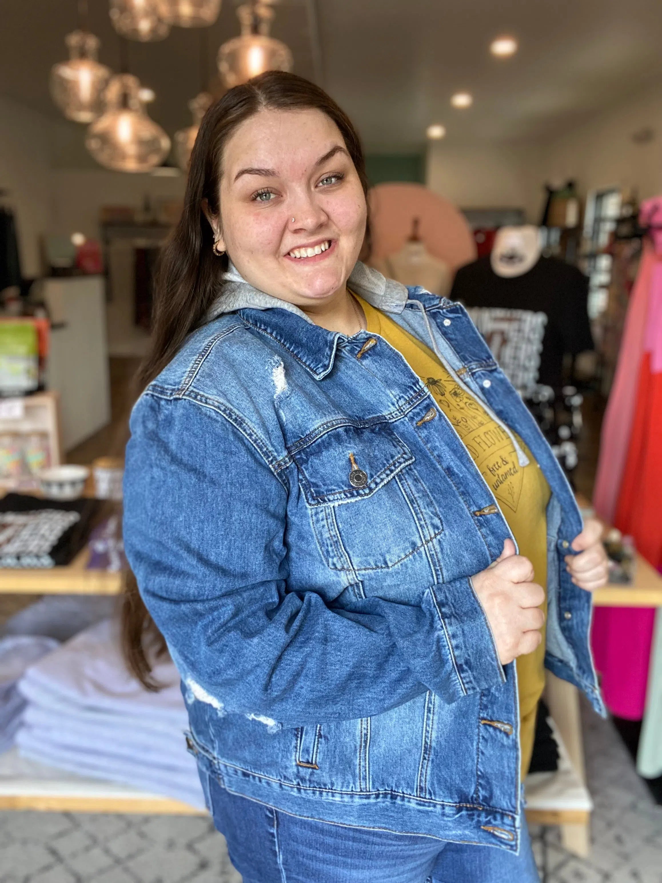 Shop Mirabel Classic Hooded Denim Jacket | Risen-Jacket at Ruby Joy Boutique, a Women's Clothing Store in Pickerington, Ohio