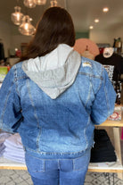 Shop Mirabel Classic Hooded Denim Jacket | Risen-Denim Jacket at Ruby Joy Boutique, a Women's Clothing Store in Pickerington, Ohio