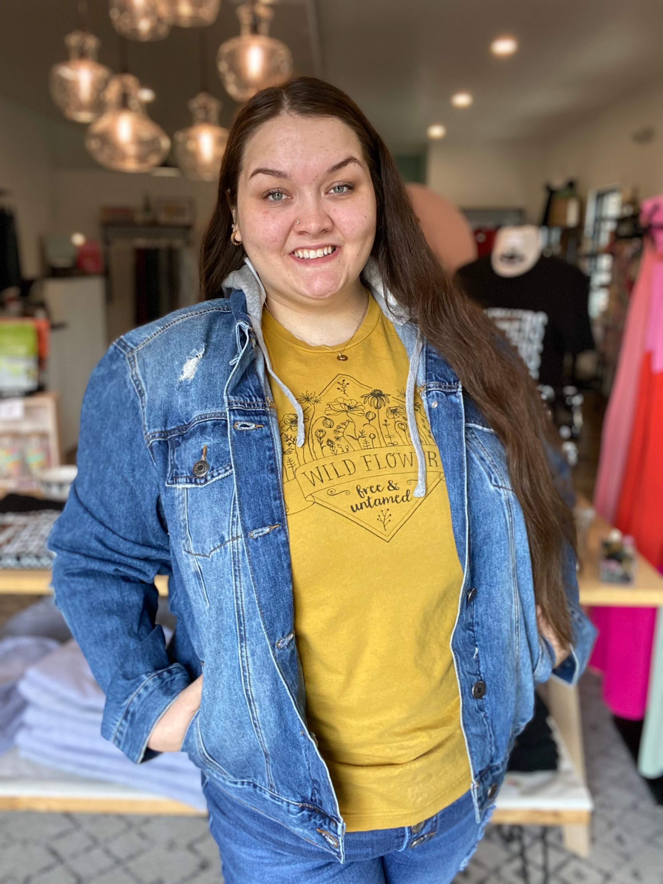 Shop Mirabel Classic Hooded Denim Jacket | Risen-Denim Jacket at Ruby Joy Boutique, a Women's Clothing Store in Pickerington, Ohio