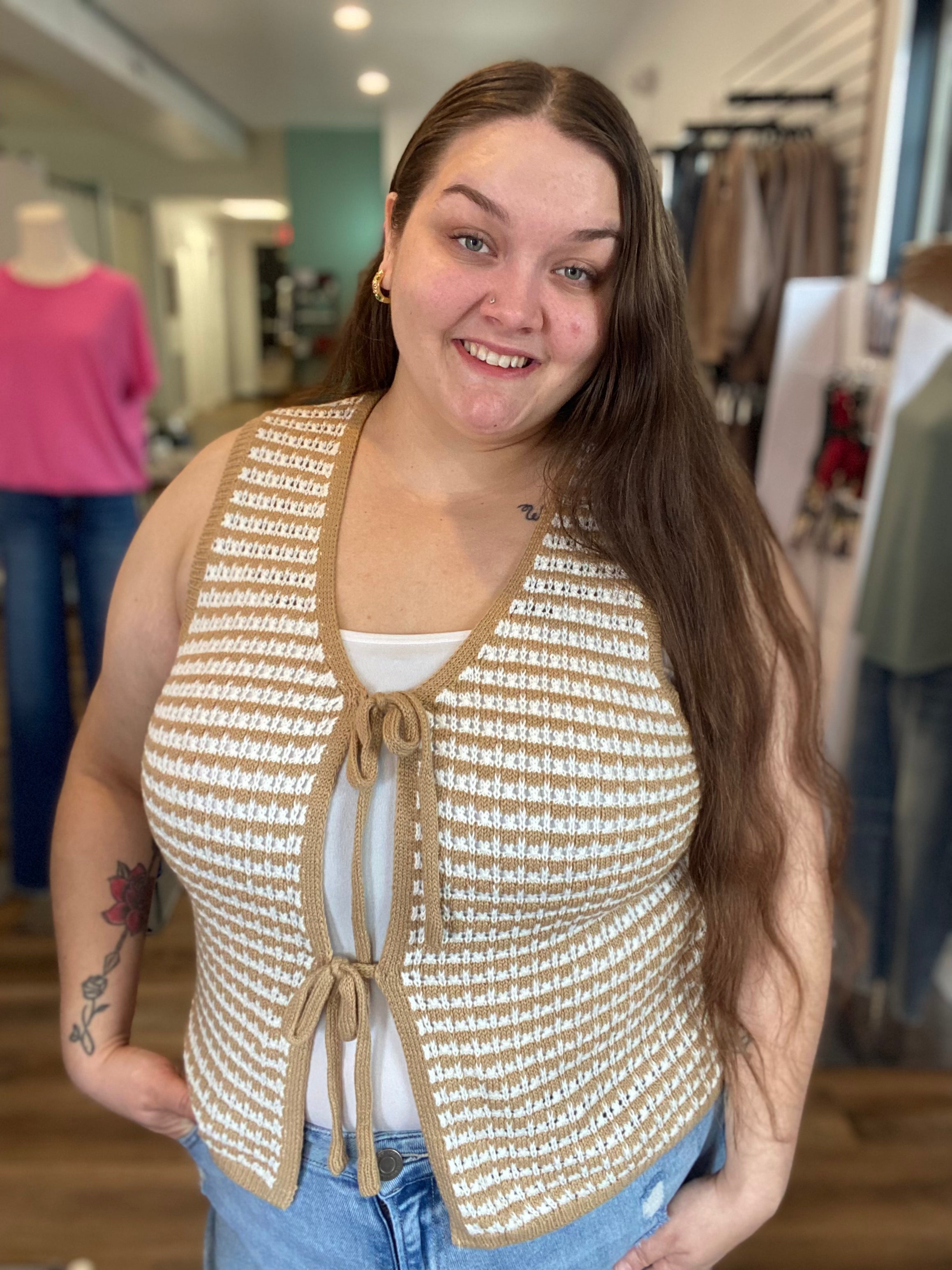 Shop Mocha Striped Double Tie Knit Vest- at Ruby Joy Boutique, a Women's Clothing Store in Pickerington, Ohio