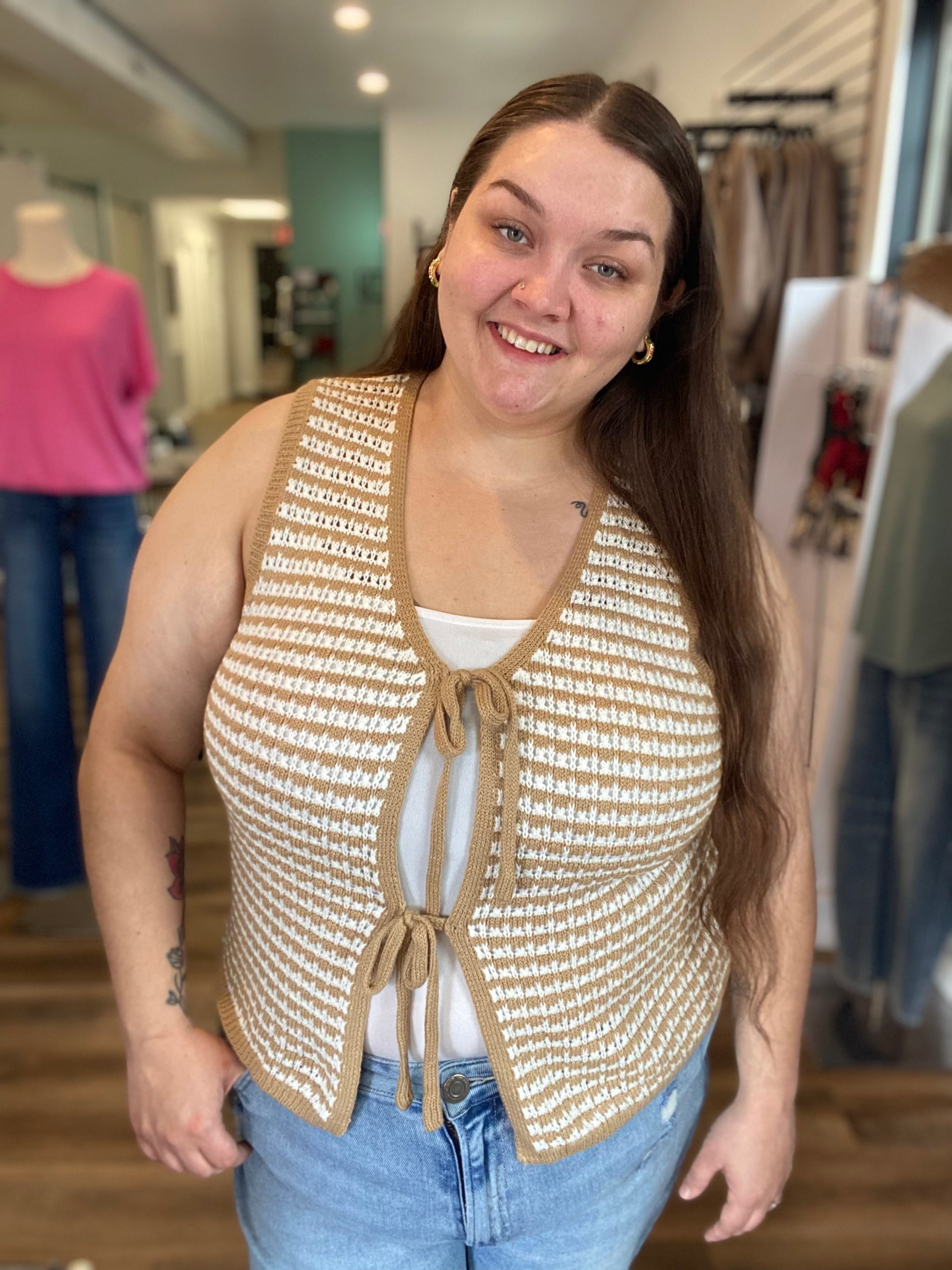 Shop Mocha Striped Double Tie Knit Vest- at Ruby Joy Boutique, a Women's Clothing Store in Pickerington, Ohio