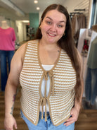 Shop Mocha Striped Double Tie Knit Vest- at Ruby Joy Boutique, a Women's Clothing Store in Pickerington, Ohio