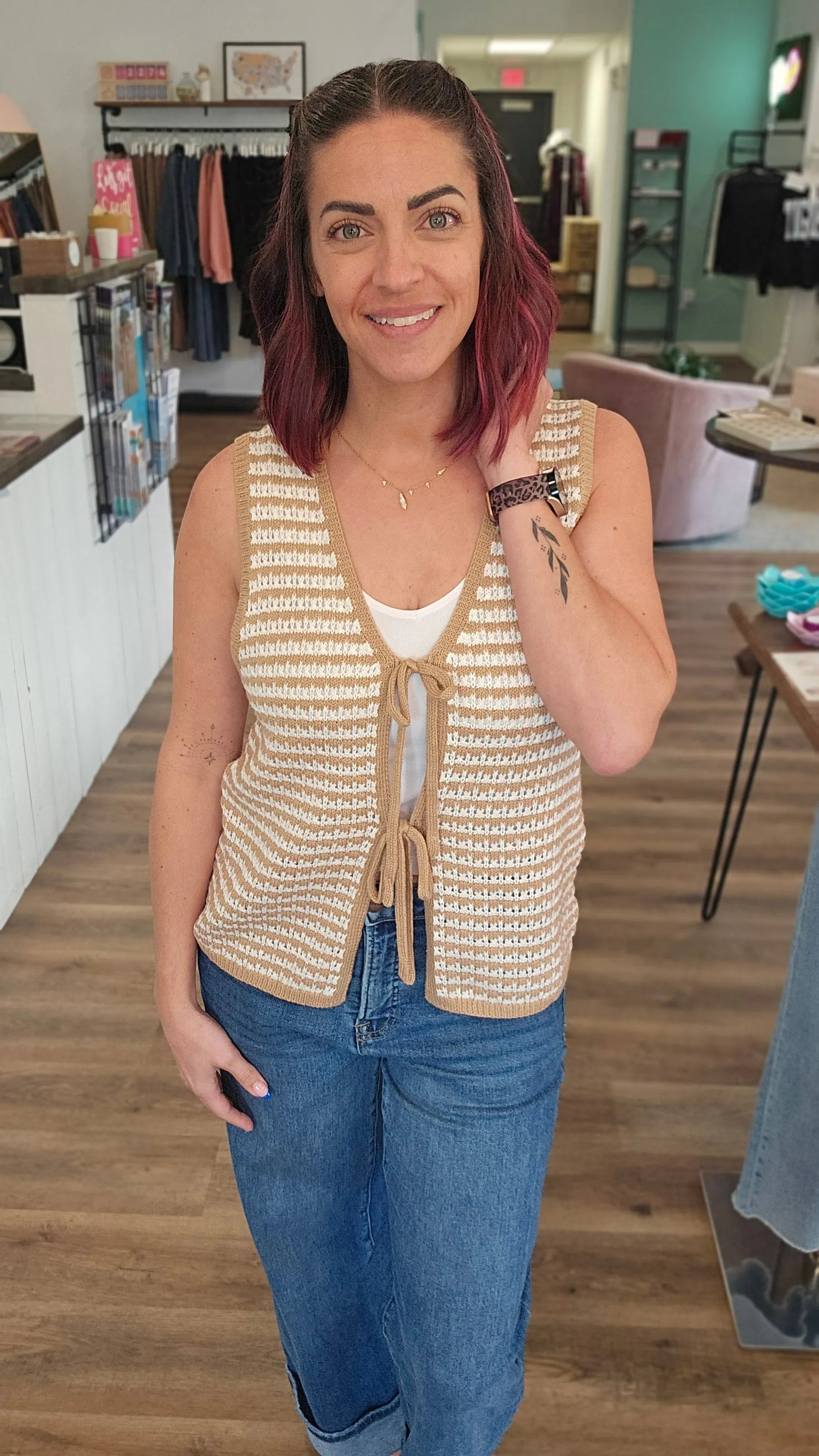 Shop Mocha Striped Double Tie Knit Vest- at Ruby Joy Boutique, a Women's Clothing Store in Pickerington, Ohio