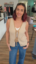 Shop Mocha Striped Double Tie Knit Vest- at Ruby Joy Boutique, a Women's Clothing Store in Pickerington, Ohio