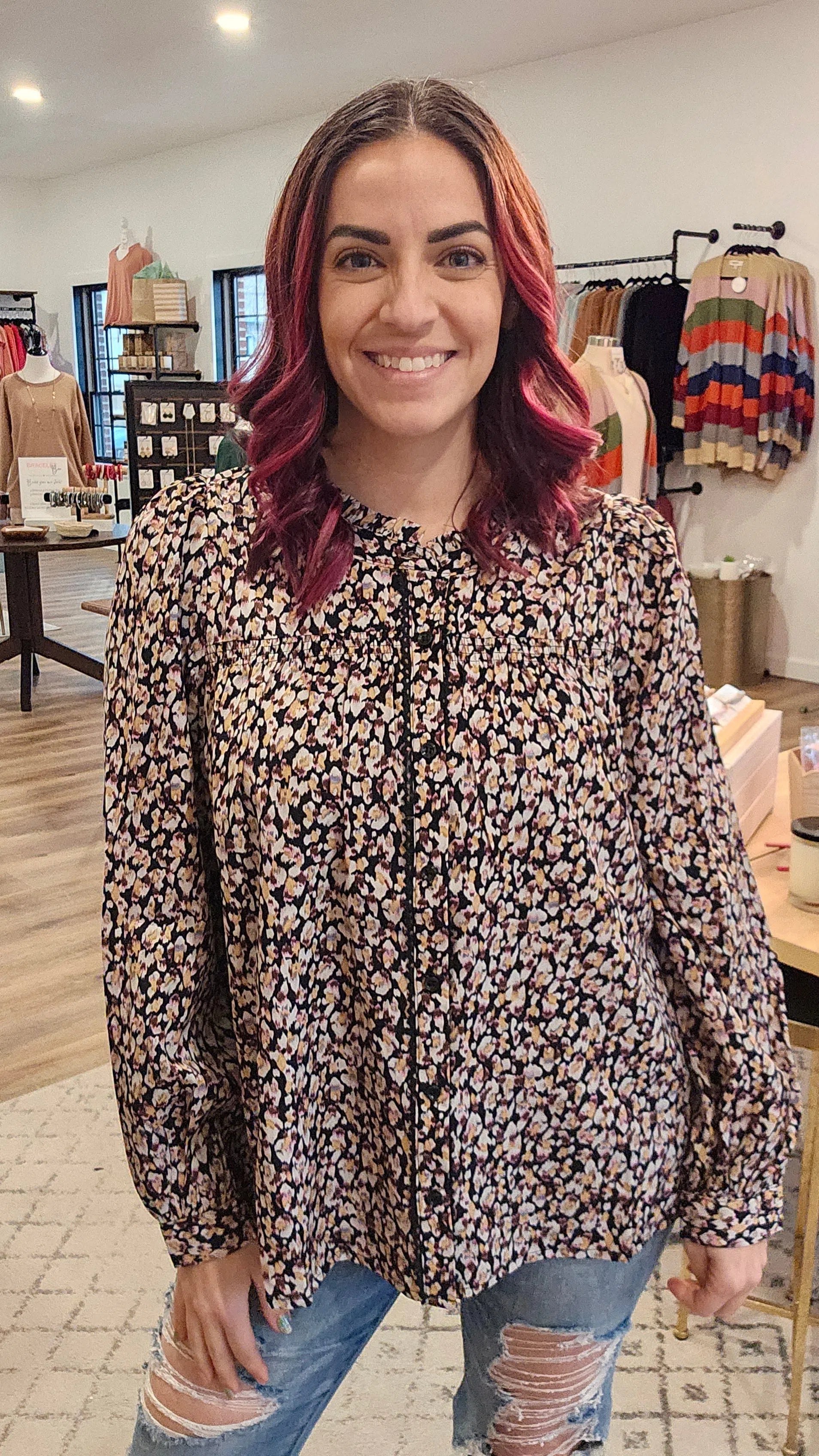 Shop Morgan Abstract Floral Print Blouse-Blouse at Ruby Joy Boutique, a Women's Clothing Store in Pickerington, Ohio