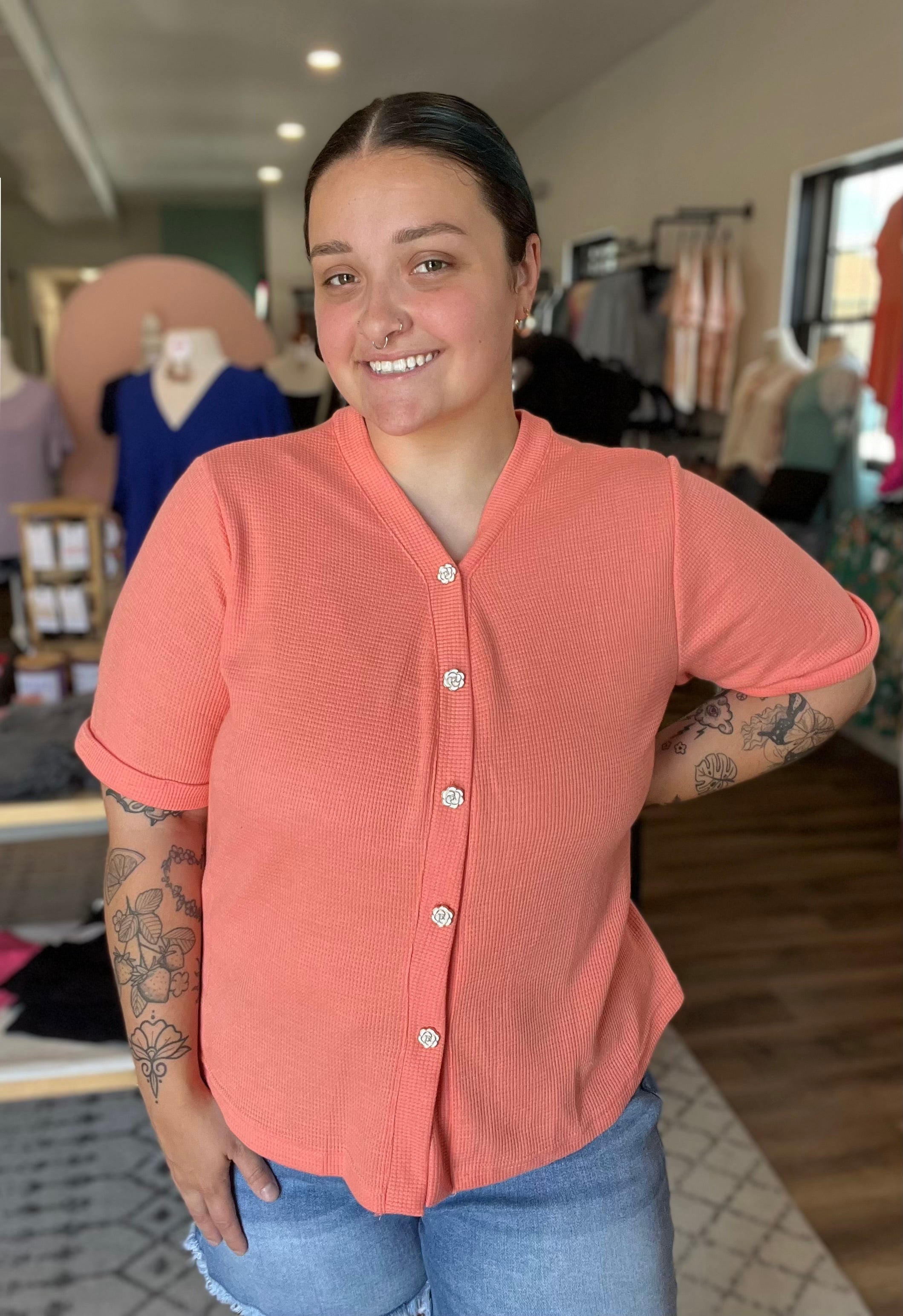 Shop Morgan Rose Button Waffle Top-Short Sleeve Top at Ruby Joy Boutique, a Women's Clothing Store in Pickerington, Ohio